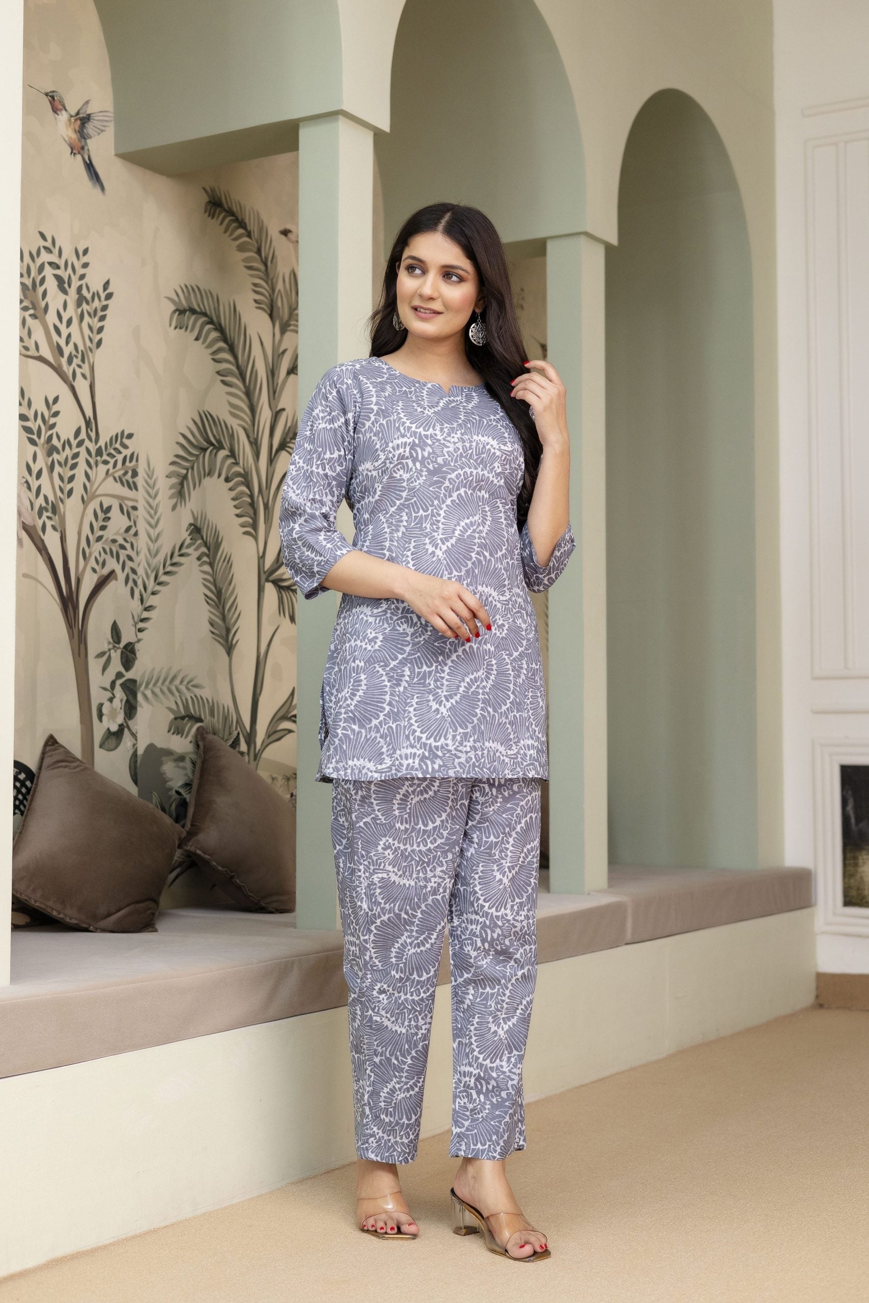 "Vidhi Misty Blue Printed Cotton Co-ord Set"