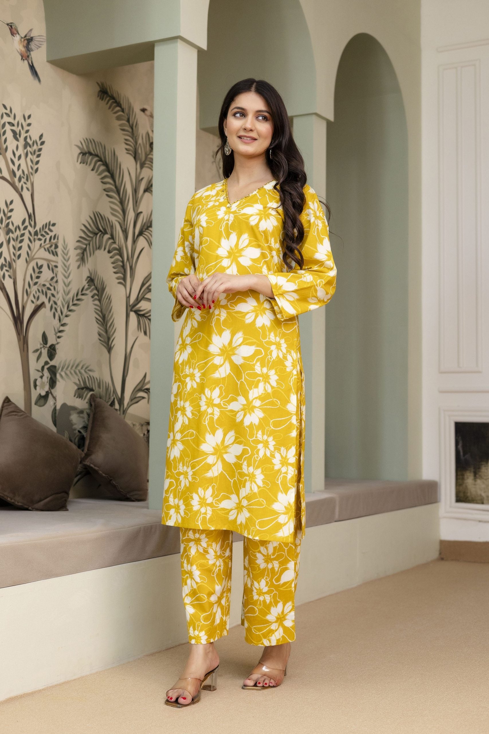 "Vrati Yellow Floral Printed Cotton Co-ord Set"