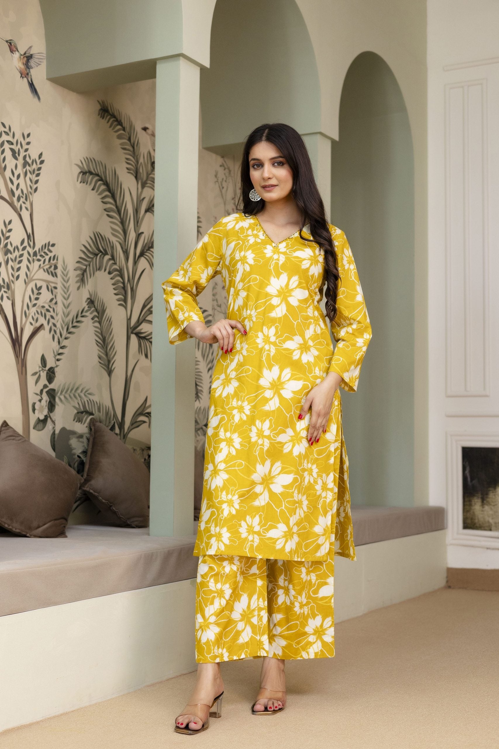 Vrati Yellow Floral Printed Cotton Co-ord Set - View 4