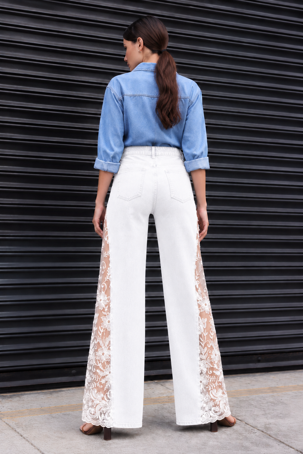 Engage White Women’s Lace Panel Wide Leg Flared Denim Jeans