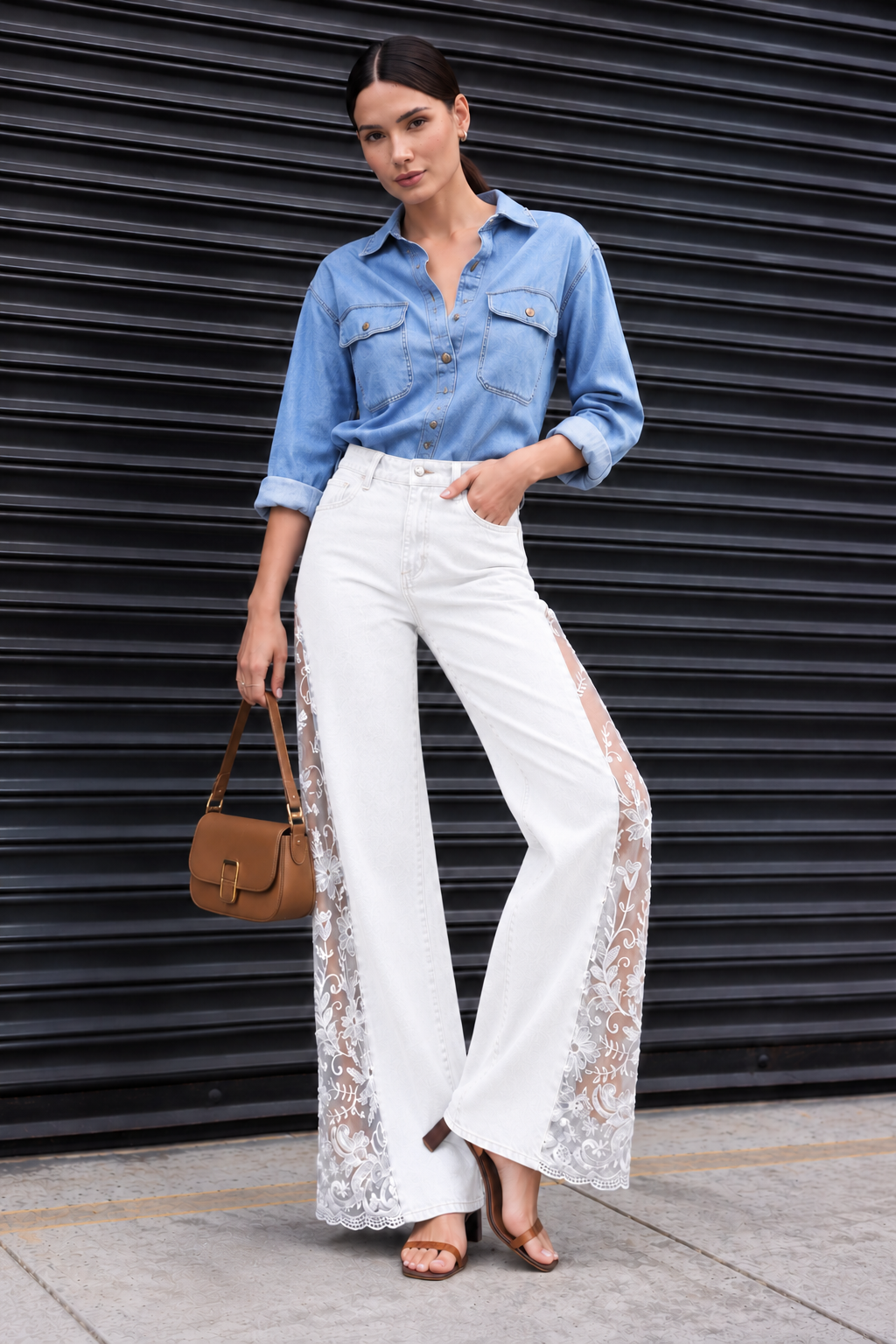 Engage White Women’s Lace Panel Wide Leg Flared Denim Jeans