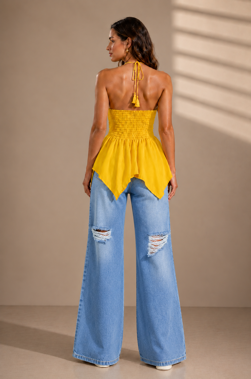 Women’s Yellow Crepe Halter Neck Top – Back Smocked, Sleeveless & Flared Fit