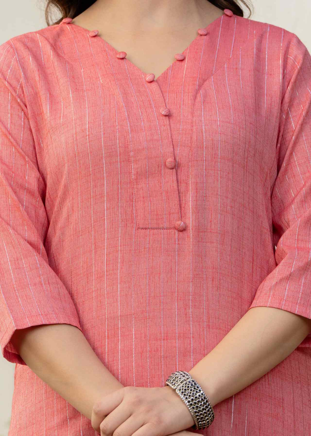 Pink Cotton Lurex Kurta Set for Women