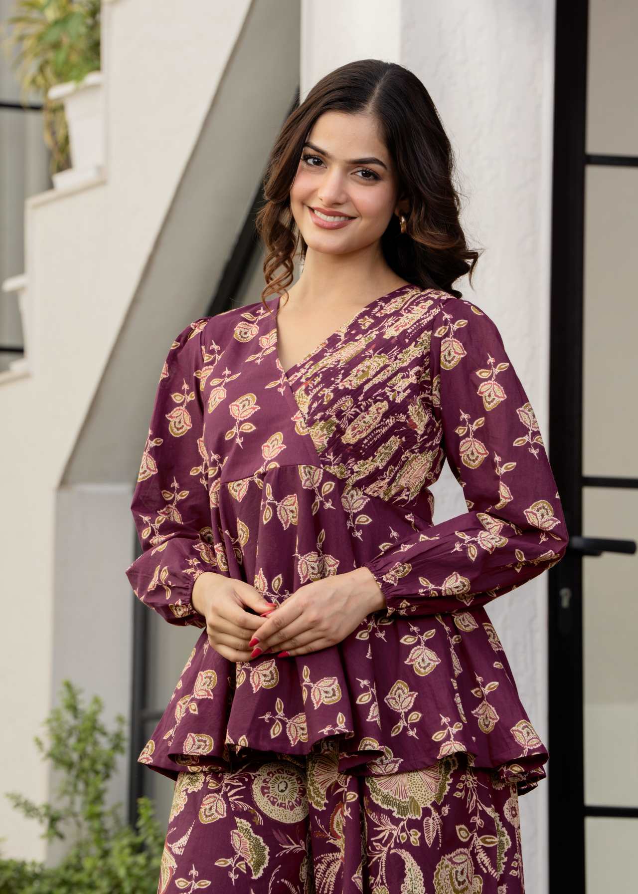 "Buy Designer Wine Floral Printed Premium Cotton Co-ord Set for Women Online"