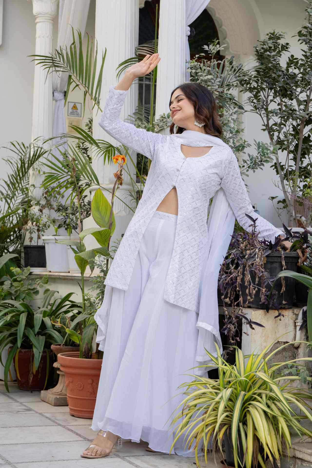 "Shop Festive Ethnic Wear White Georgette Kurti Palazzo Set for Women"