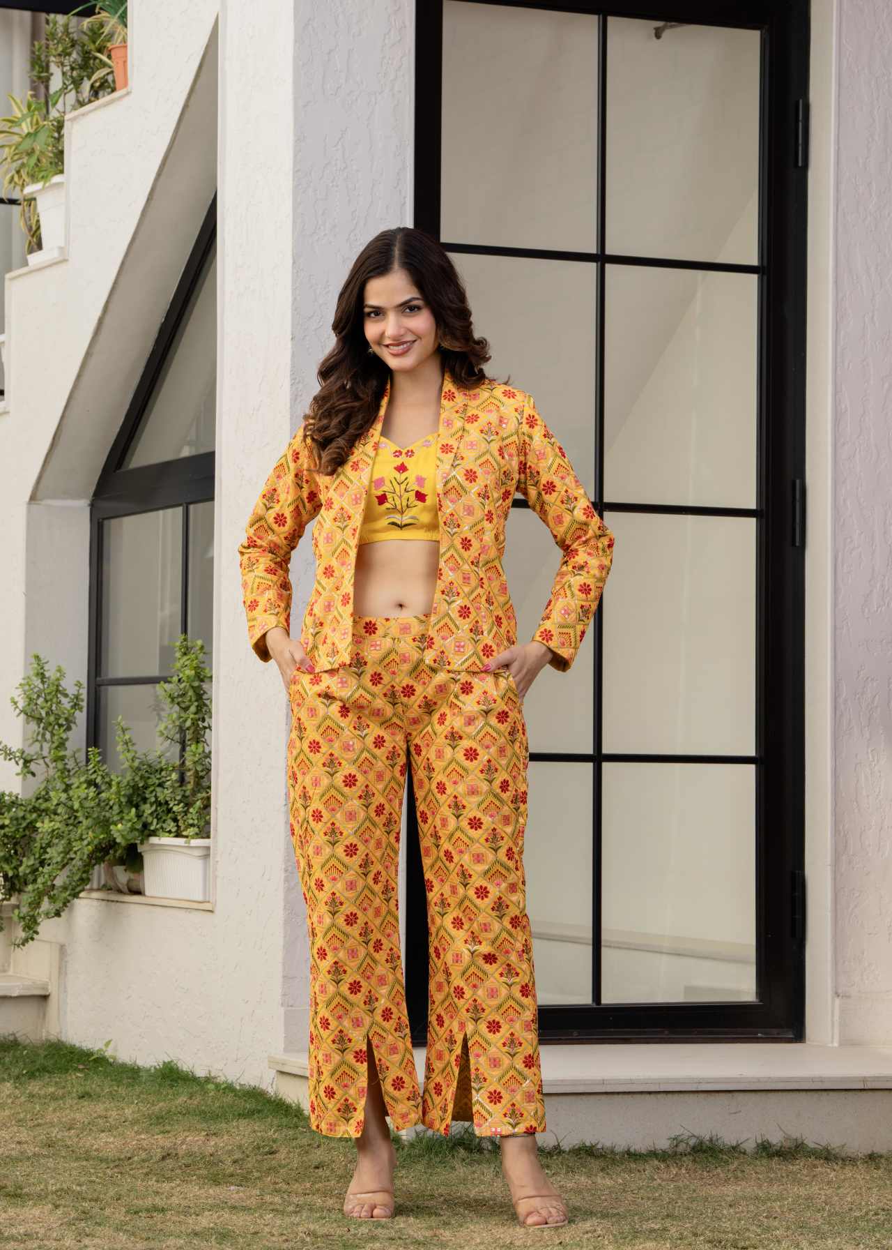 "Designer Western Wear Yellow 3 Piece Crop Top Coat Pant Set for Women"