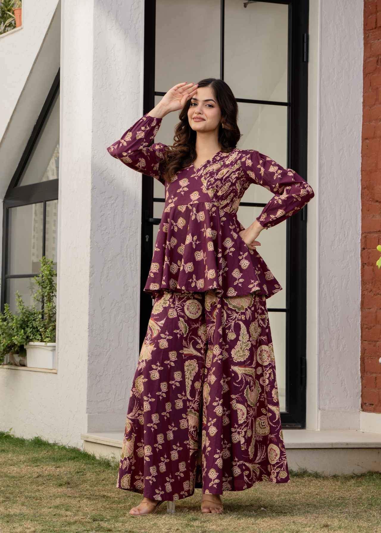"Buy Designer Wine Floral Printed Premium Cotton Co-ord Set for Women Online"