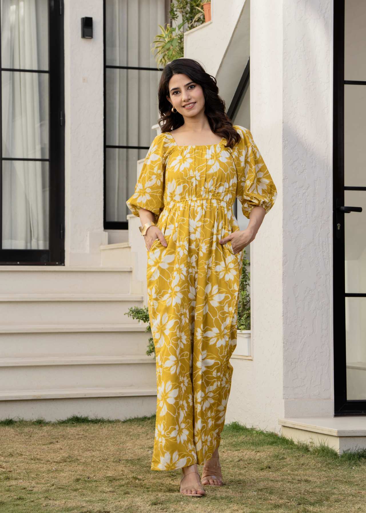 "Buy Yellow Mustard Floral Printed Cotton Jumpsuit Online"