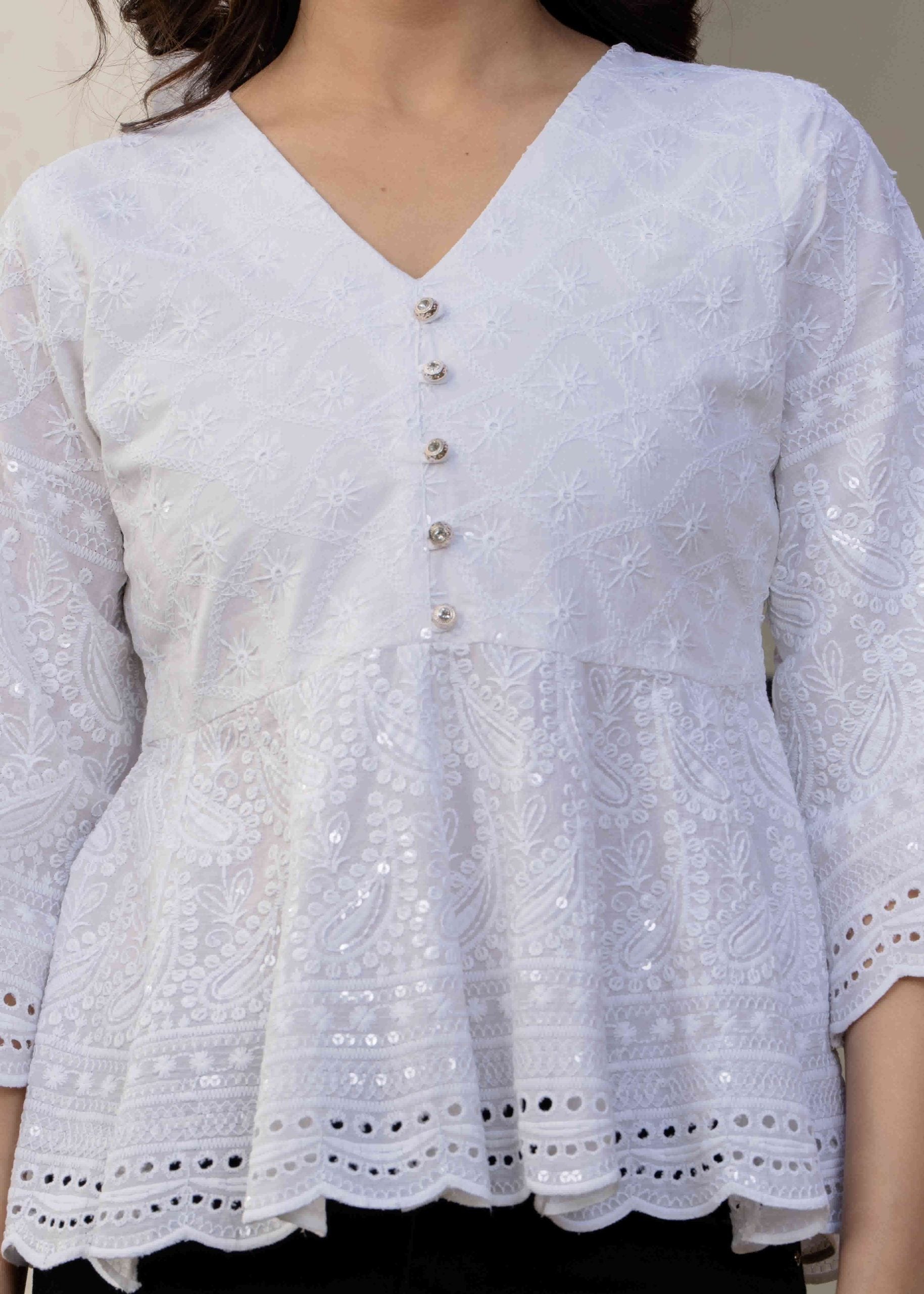 Buy Chitta White Chikankari Peplum Tops For Women