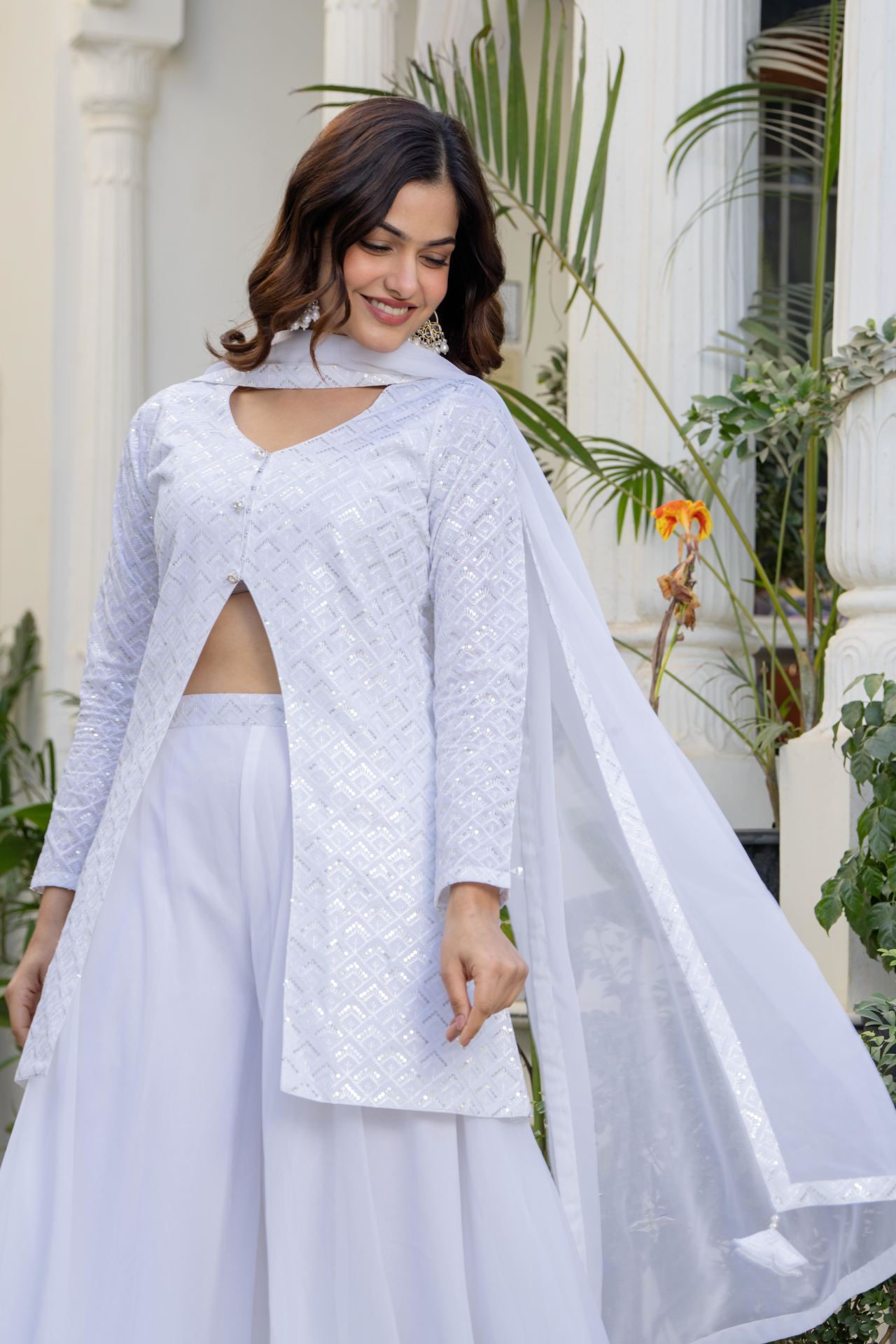 "Shop Festive Ethnic Wear White Georgette Kurti Palazzo Set for Women"