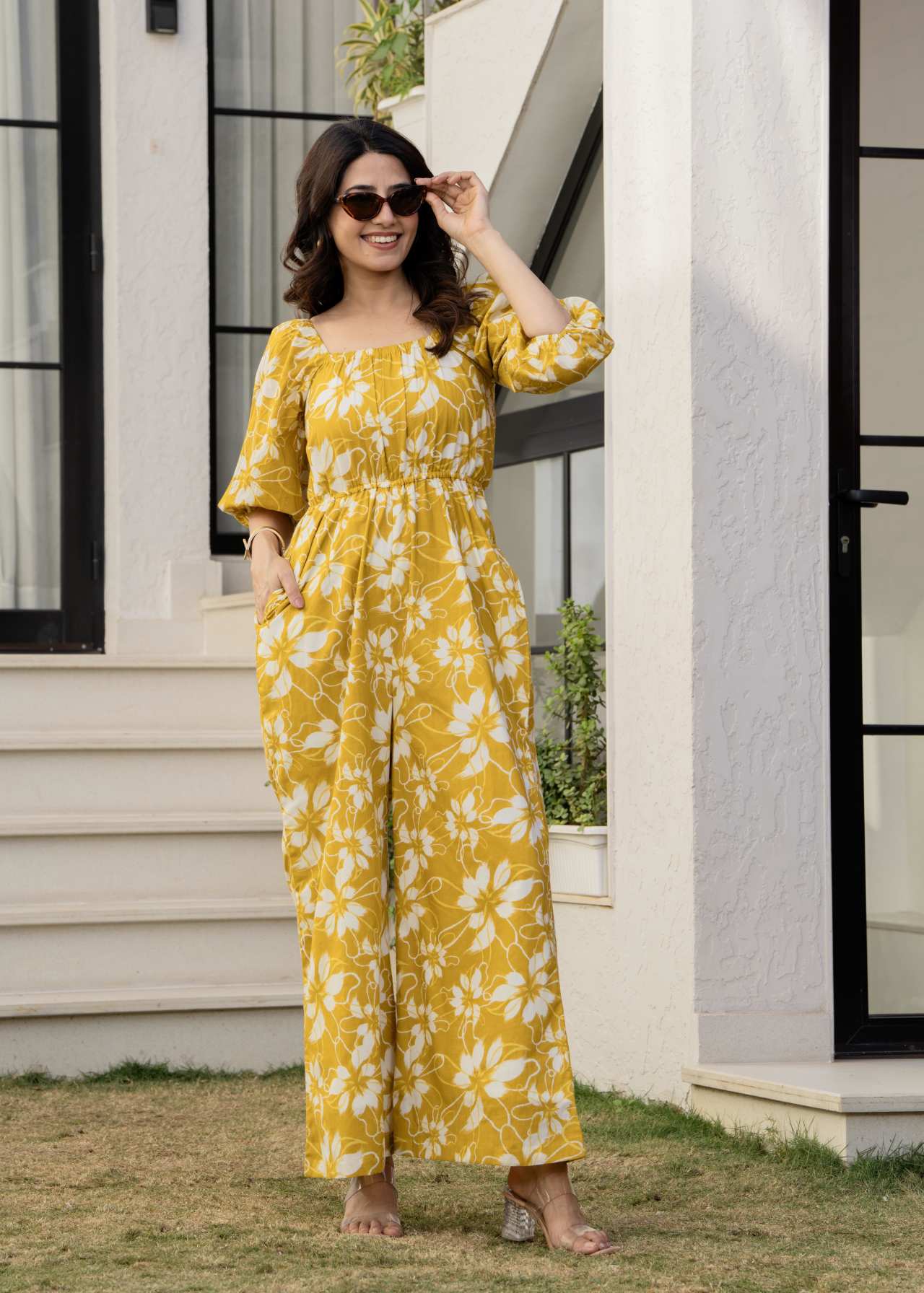 "Buy Yellow Mustard Floral Printed Cotton Jumpsuit Online"
