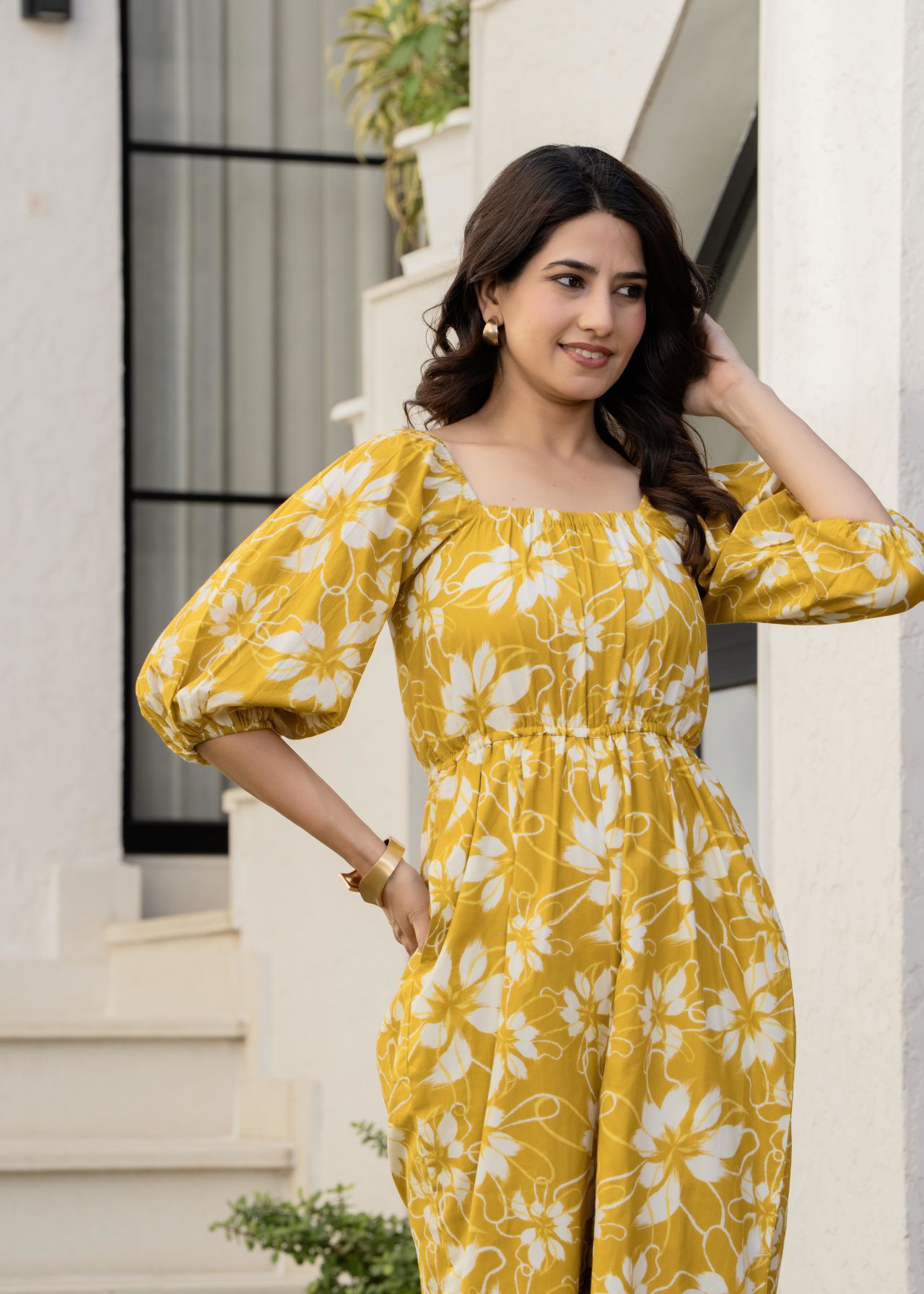 Buy Yellow Mustard Floral Printed Cotton Jumpsuit Online