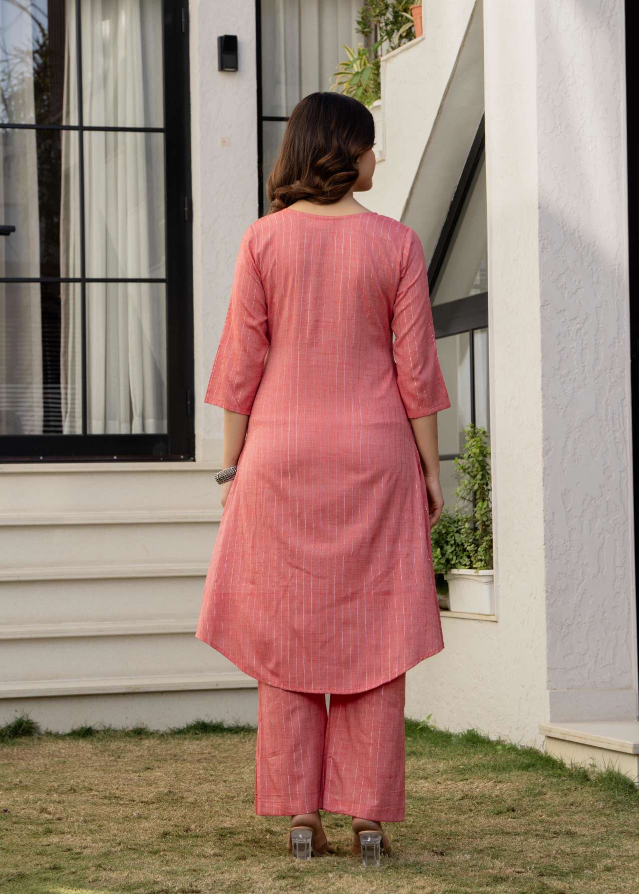 Pink Cotton Lurex Kurta Set for Women