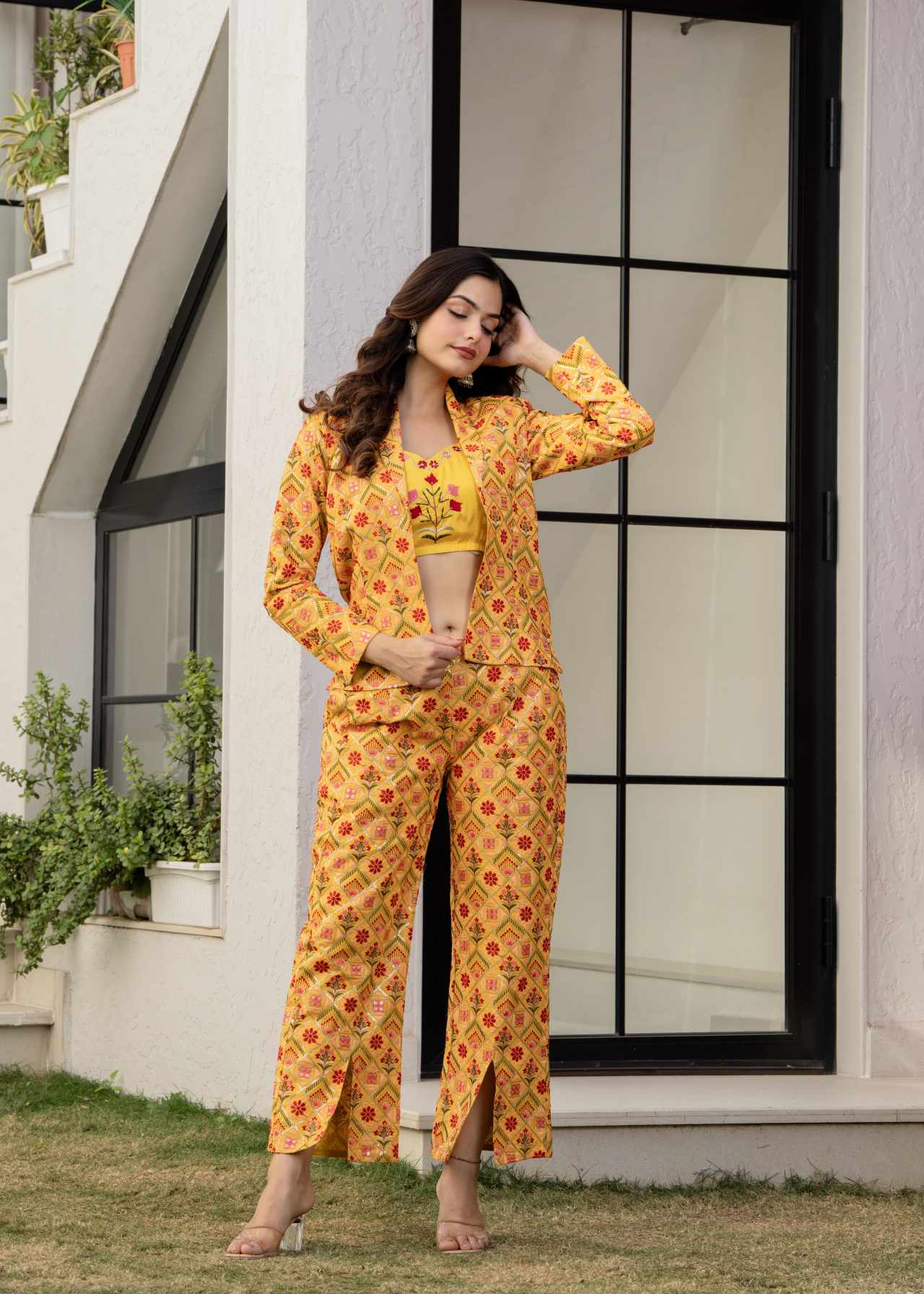 "Designer Western Wear Yellow 3 Piece Crop Top Coat Pant Set for Women"