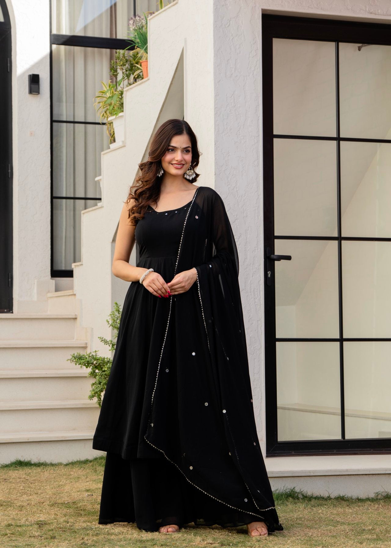 "Festive Ethnic Wear Black Georgette Anarkali Palazzo Set with Dupatta Online in India"