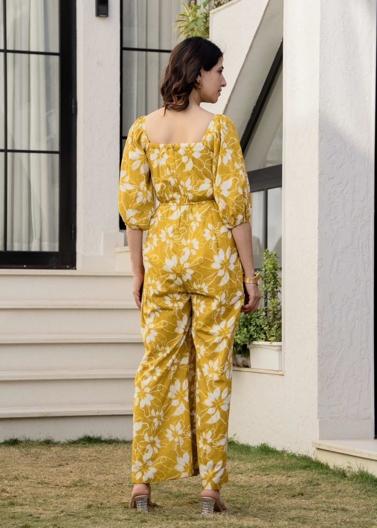 Buy Yellow Mustard Floral Printed Cotton Jumpsuit Online