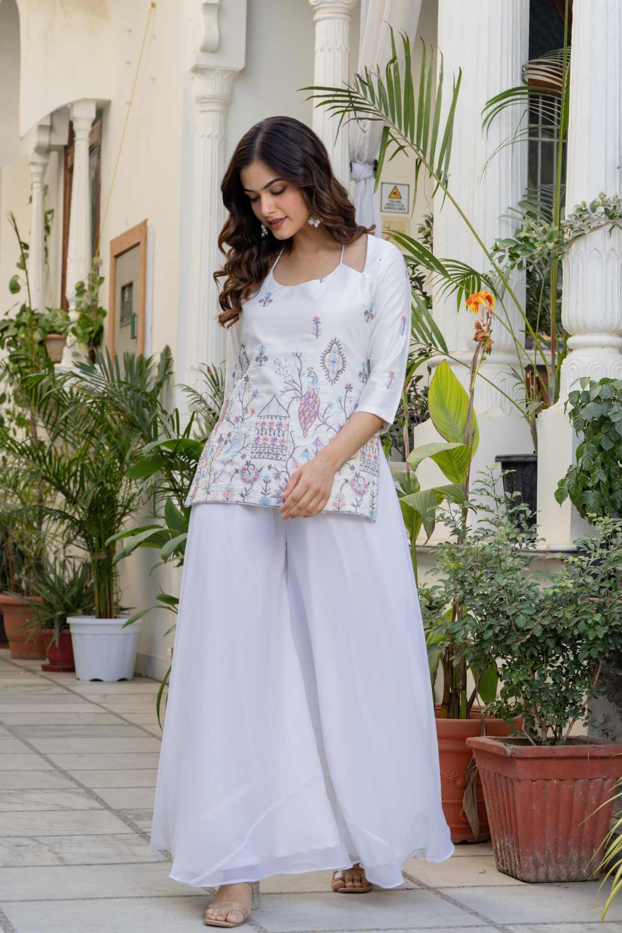 "Buy Halter Neck Style Corset Back Ivory Embroidered Kurti with Palazzo for Women"