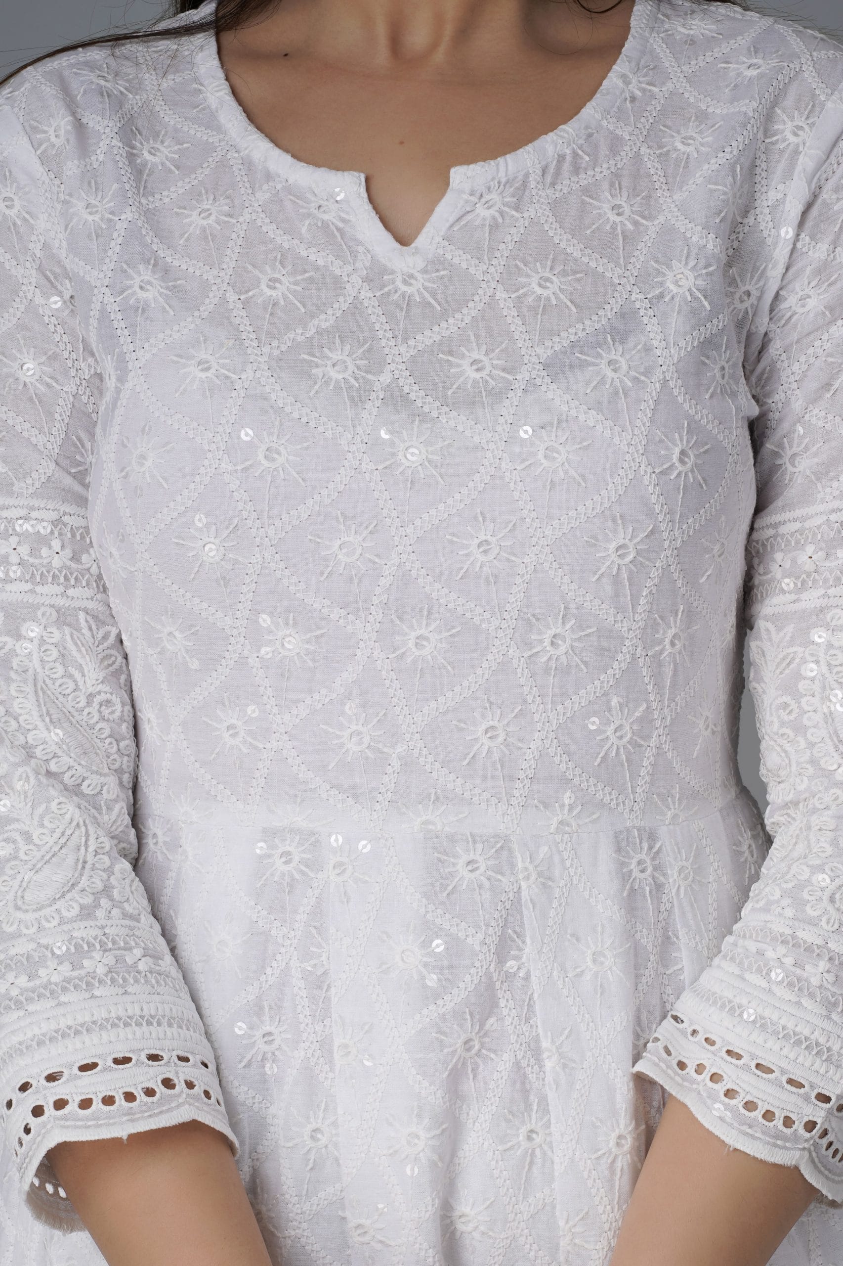 White Chikankari Anarkali Kurta Set with Dupatta - View 4