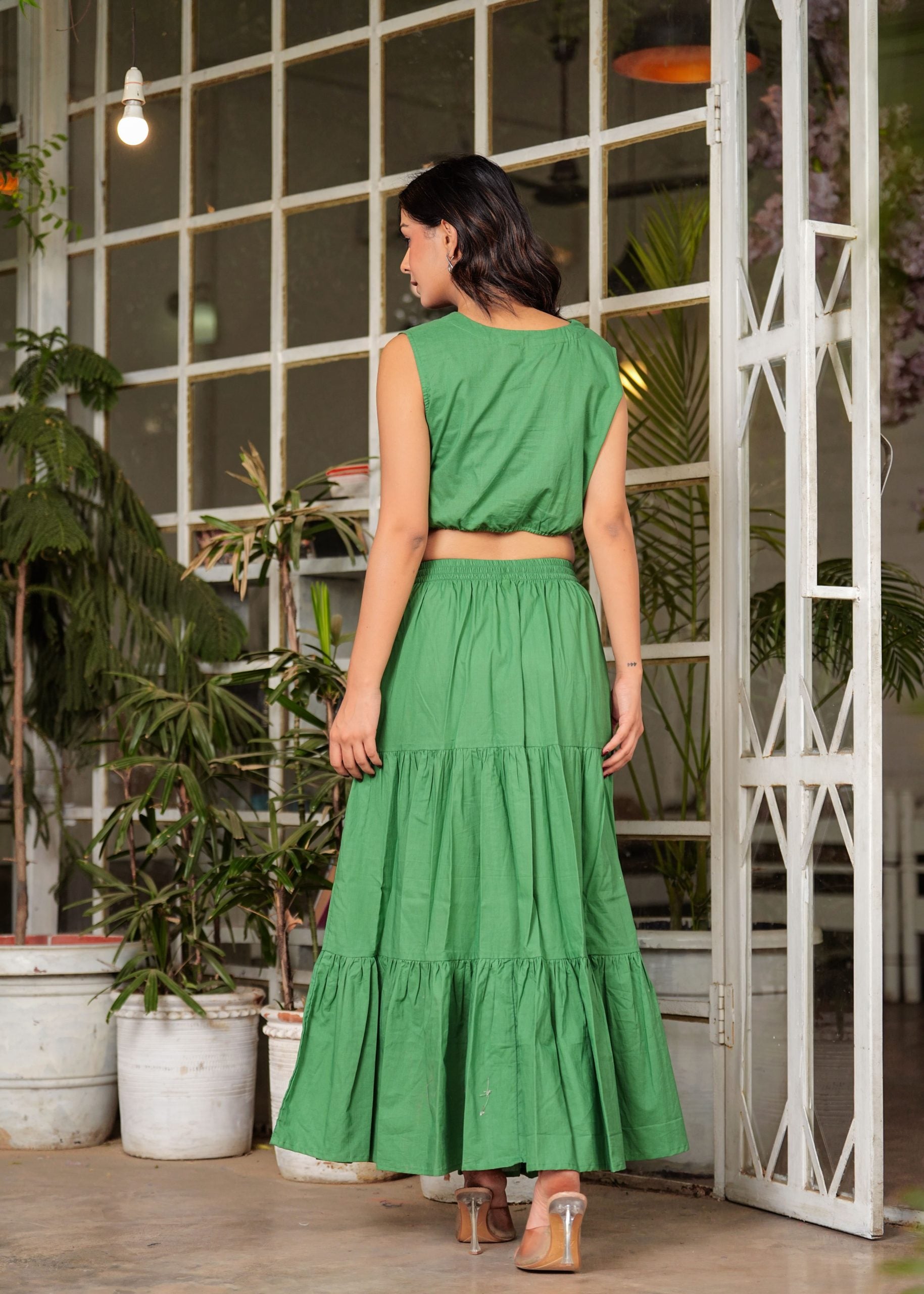 Aarvi Green Cotton A-Line Long Skirt - View 2