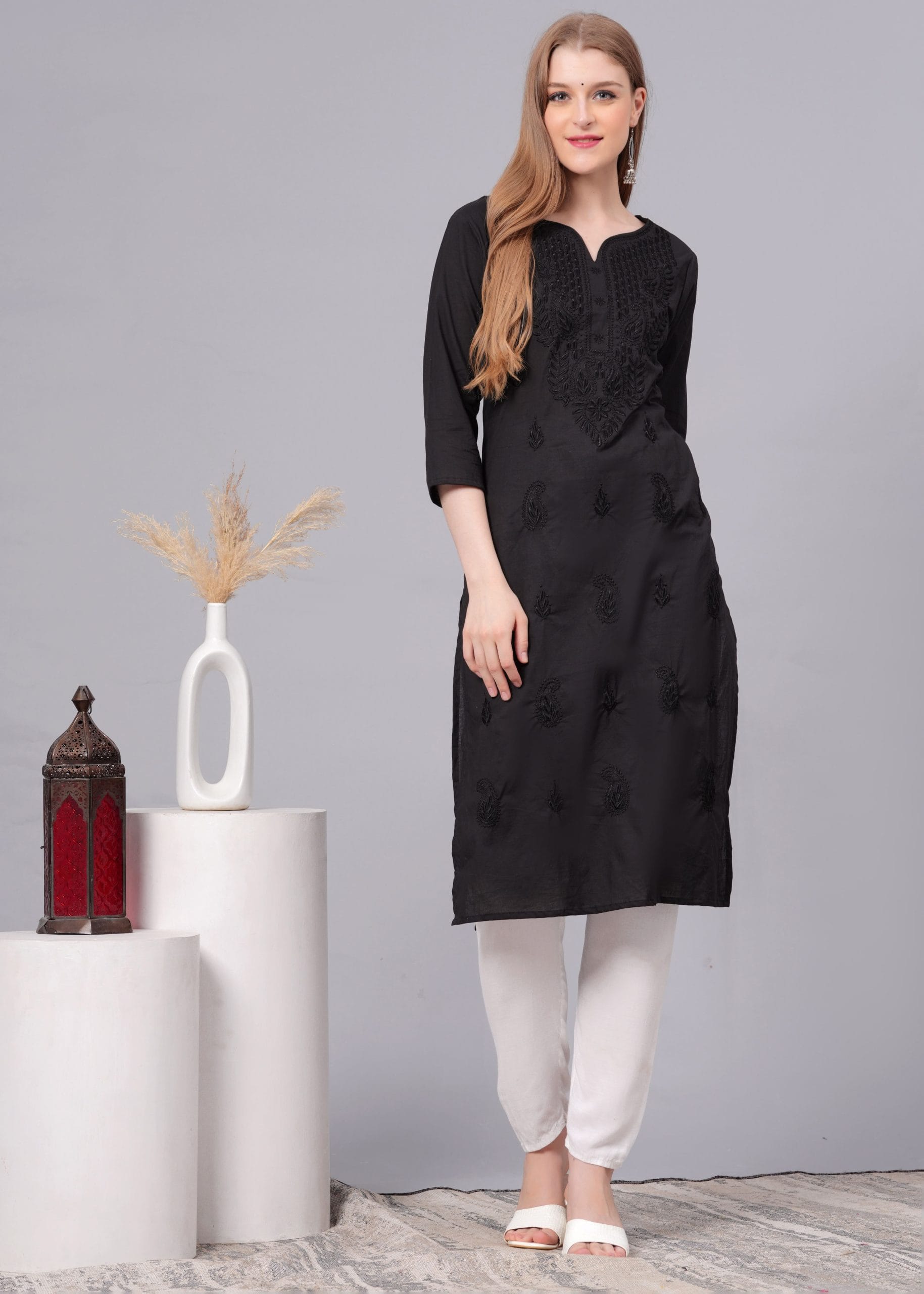 Cotton Black Embroidery Straight Kurti for Women by Vaaki