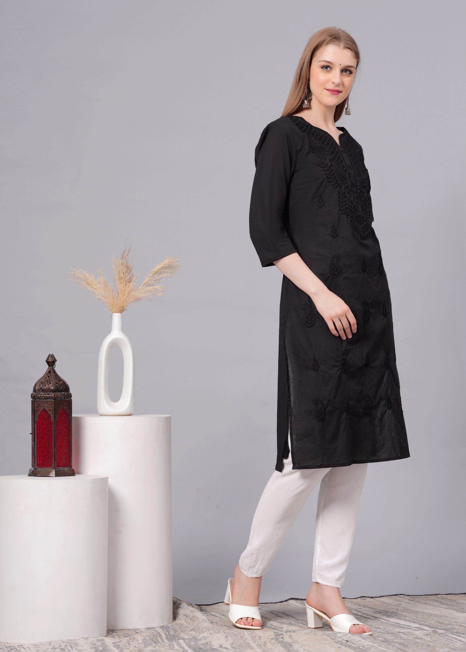 Cotton Black Embroidery Straight Kurti - View 3