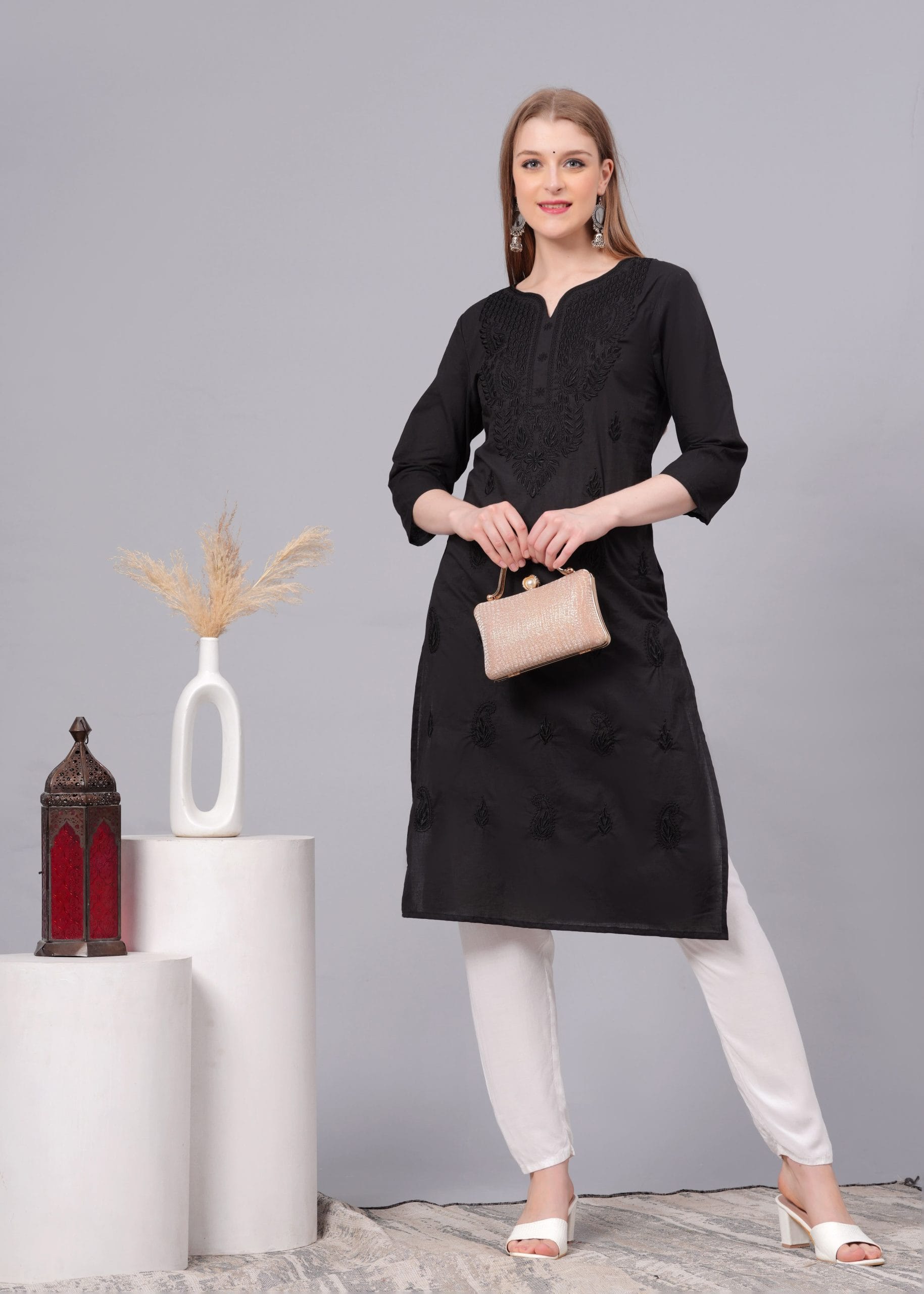 Cotton Black Embroidery Straight Kurti - View 4