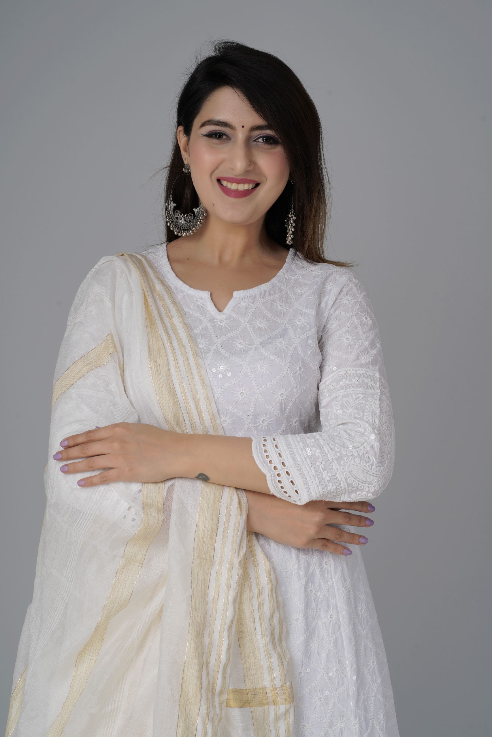 White Chikankari Anarkali Kurta Set with Dupatta - View 5