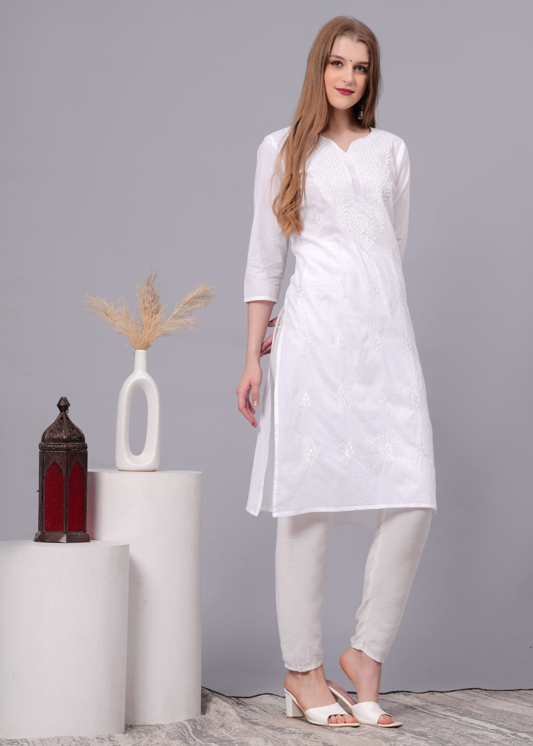 Cotton White Embroidery Straight Kurti - View 3