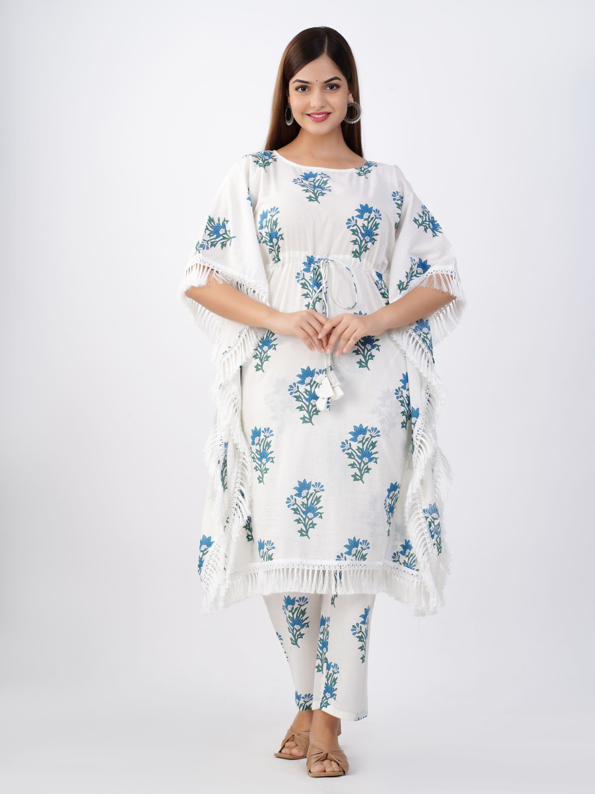 Festive Rouge Bloom – White Blue Floral Cotton Kaftan Pant Set by Vaaki