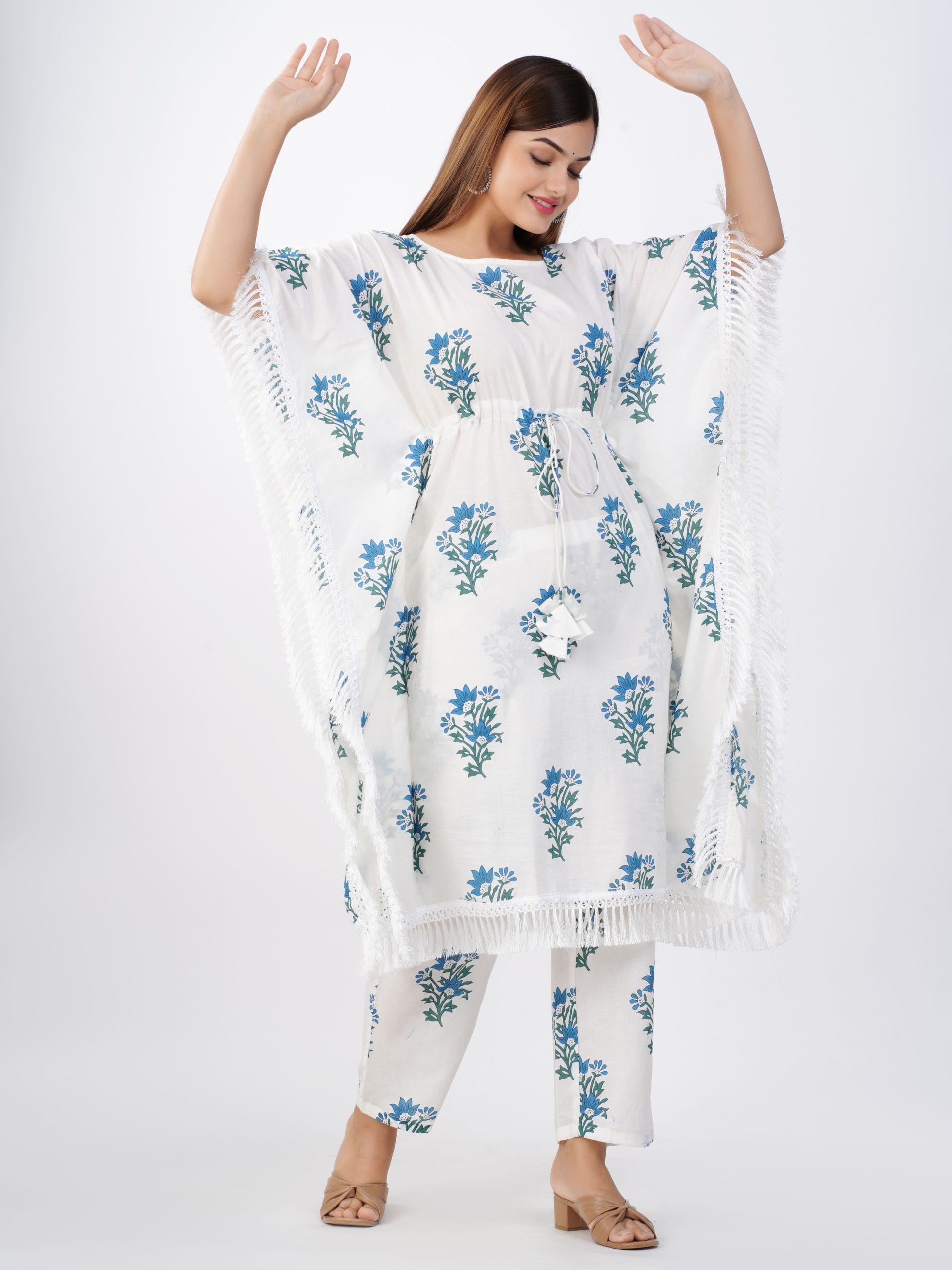 White Blue Floral Kaftan Pant Set - View 3