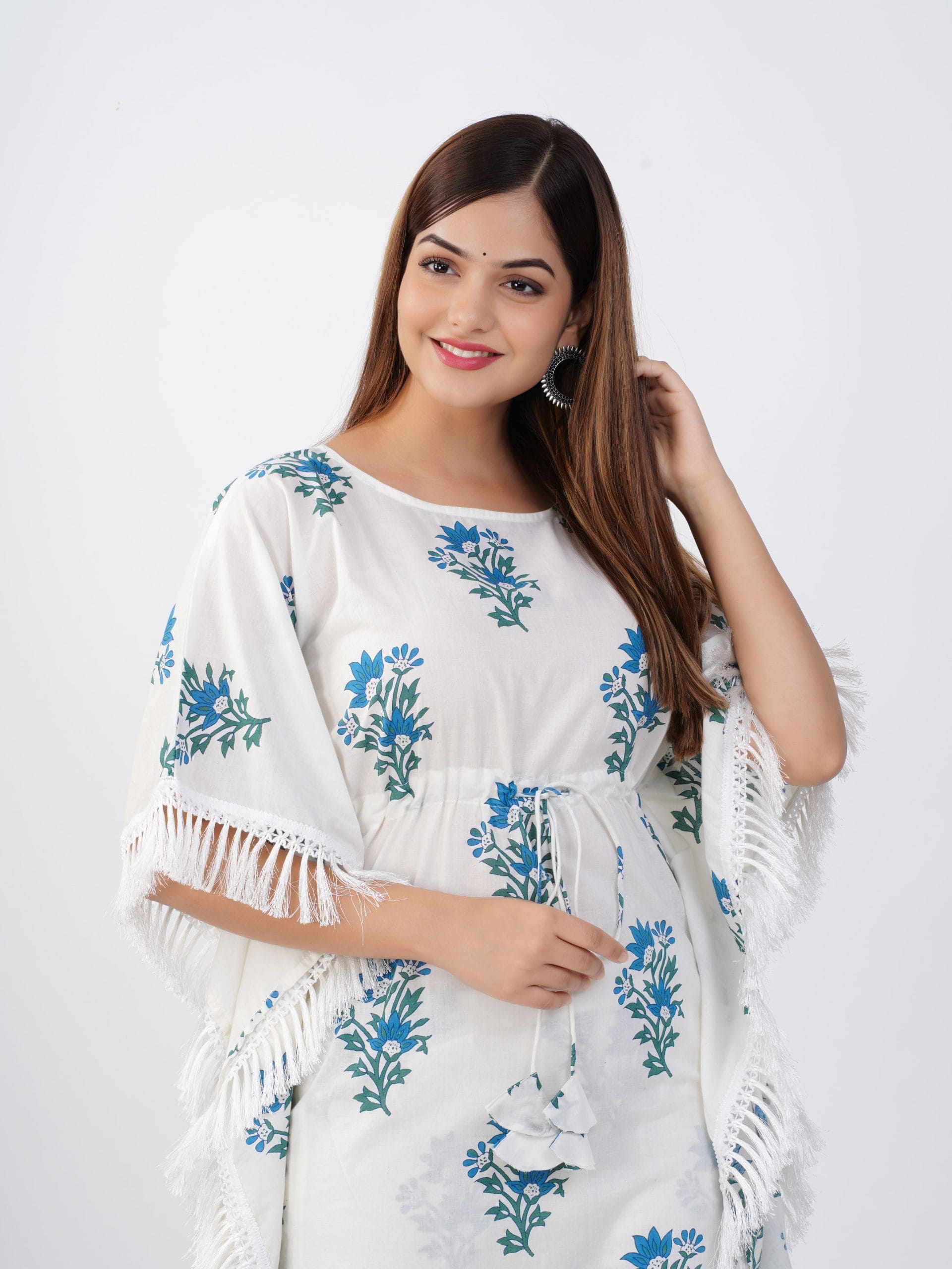 White Blue Floral Kaftan Pant Set - View 4