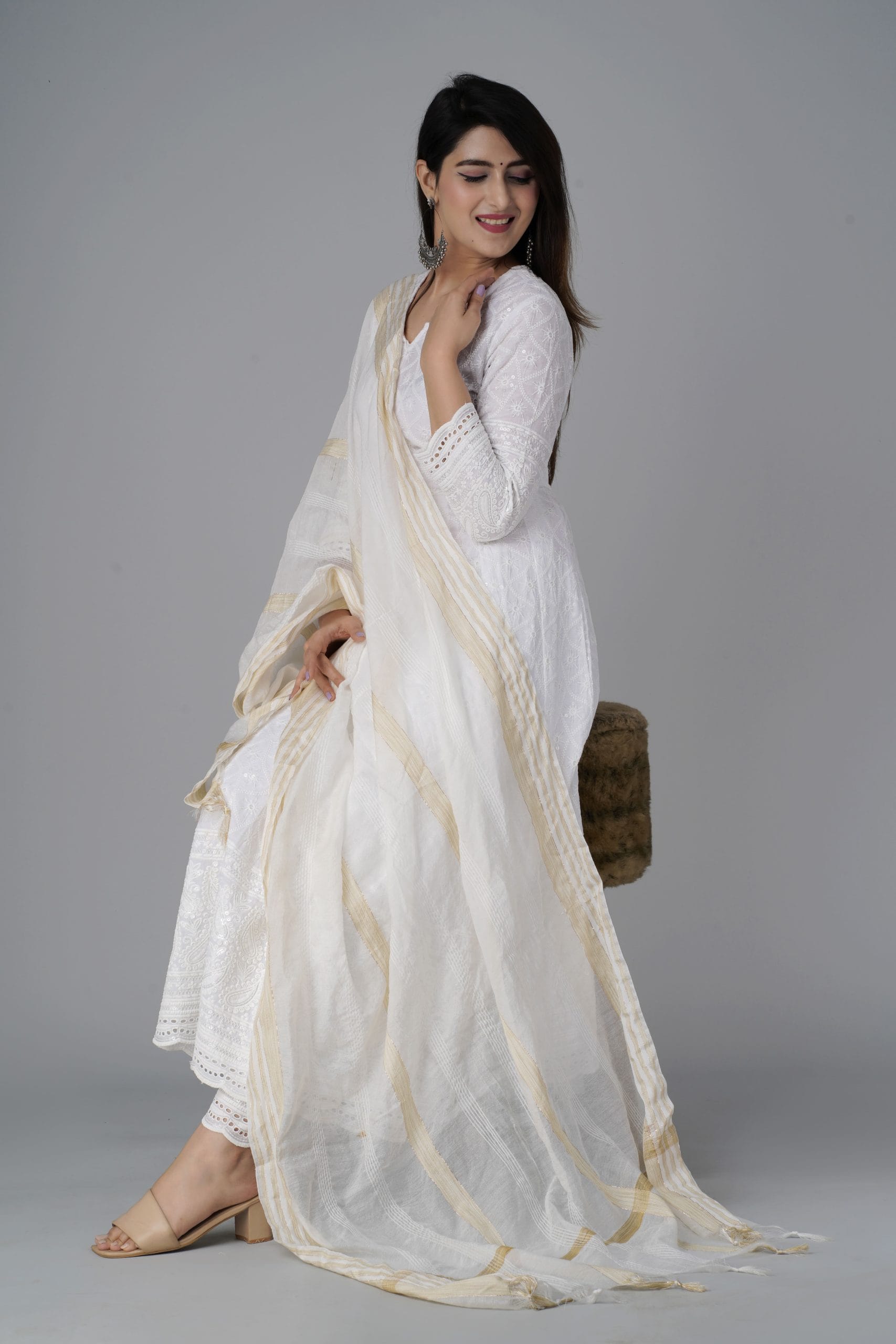 "White Chikankari Anarkali Kurta Set with Dupatta"