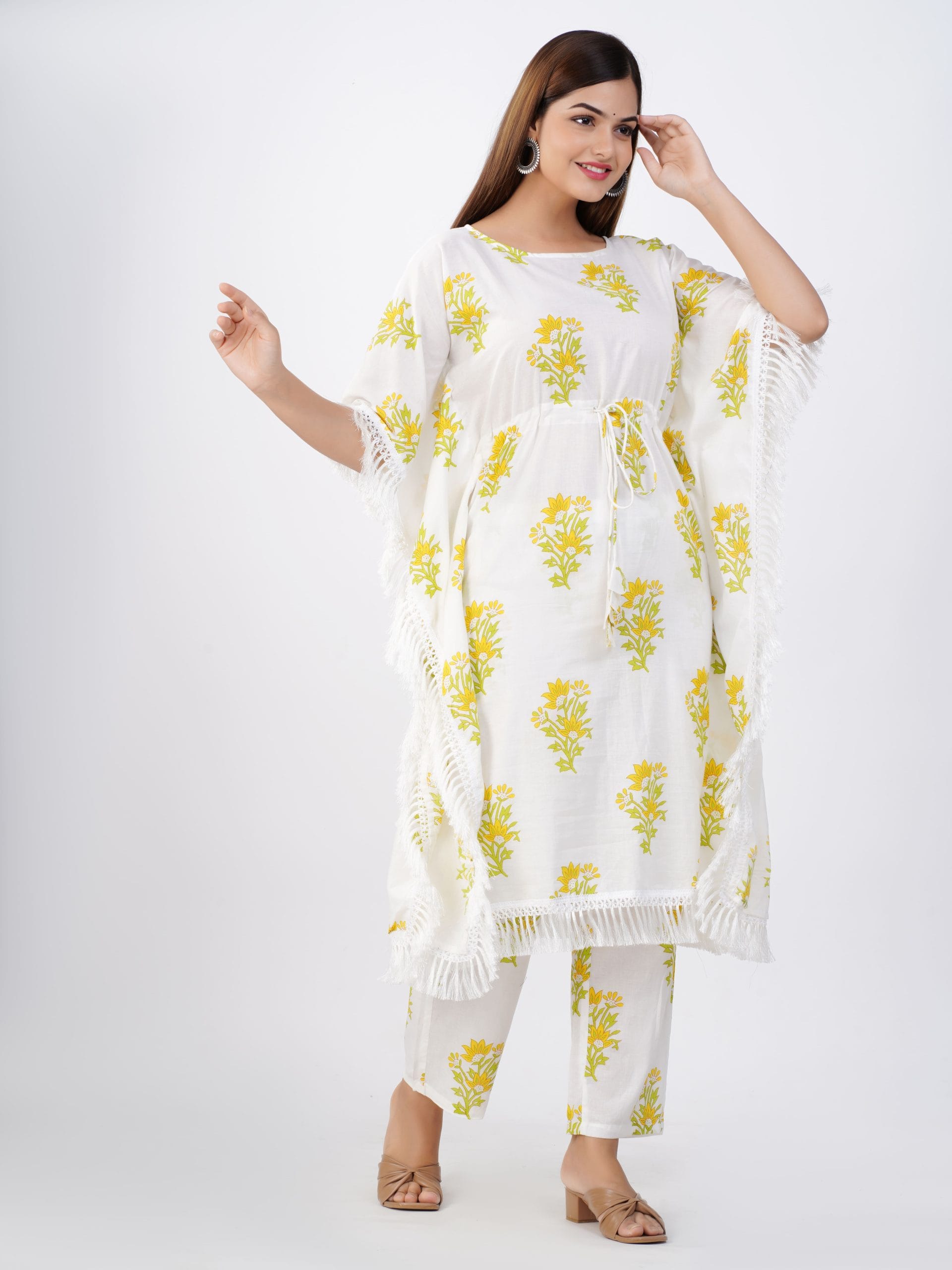 Yellow Floral Kaftan Pant Set - View 3
