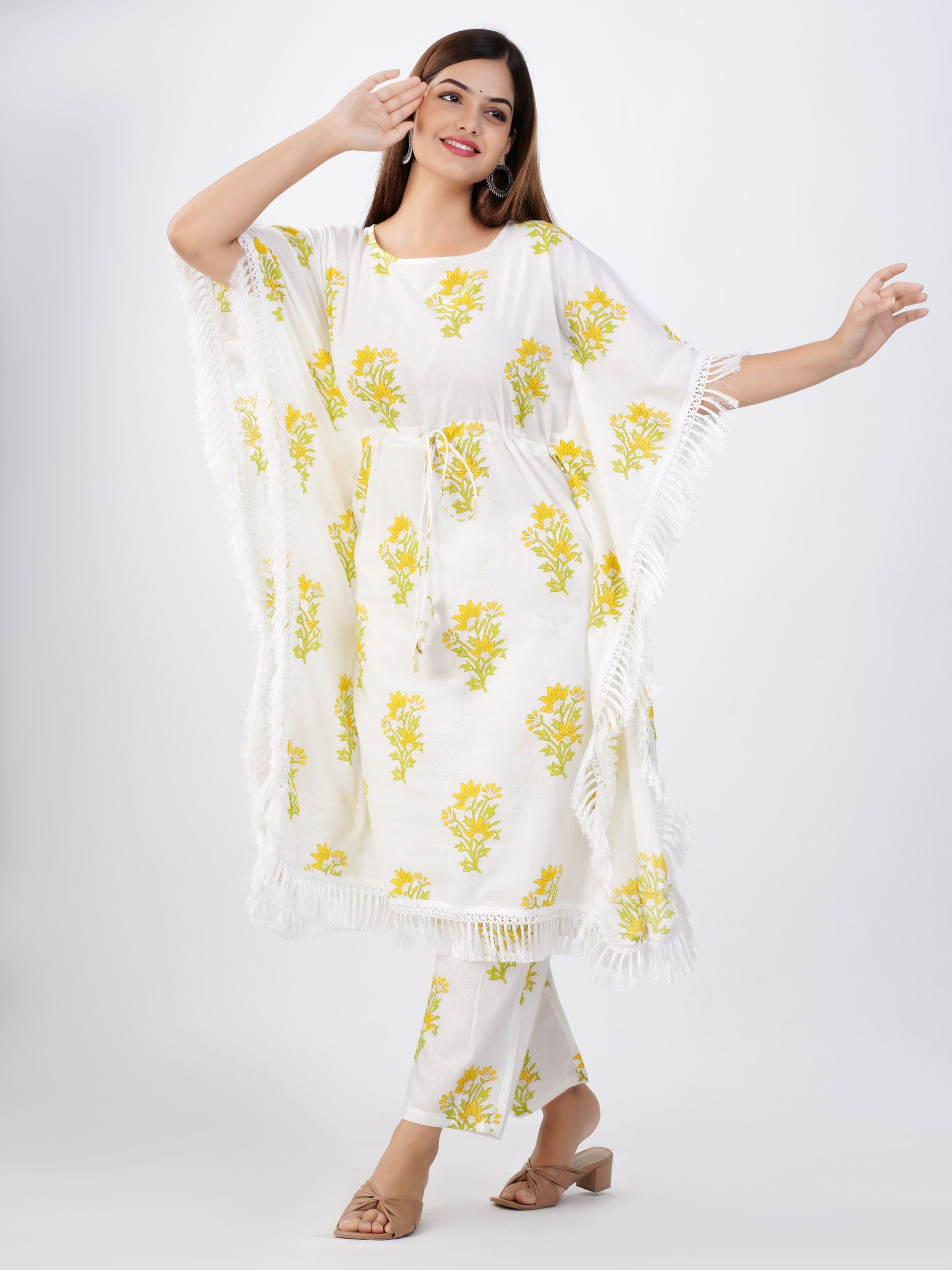 Yellow Floral Kaftan Pant Set - View 5