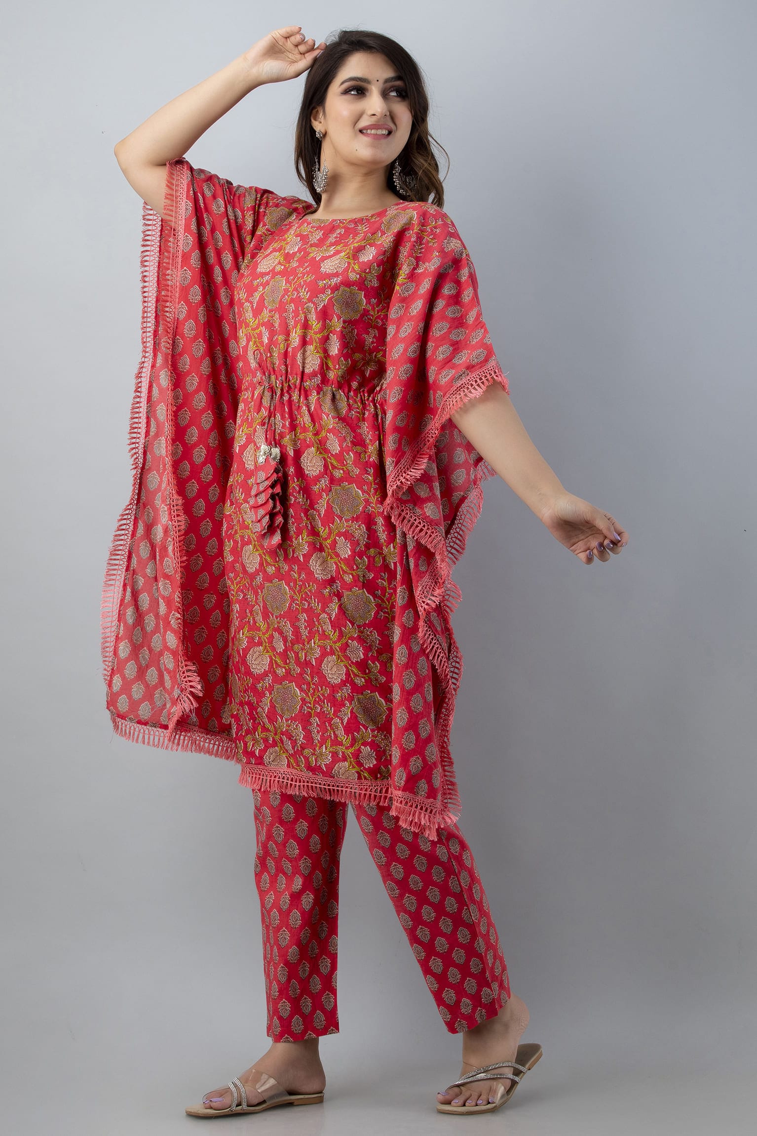 Red Floral Cotton Kaftan Pant Set - View 4