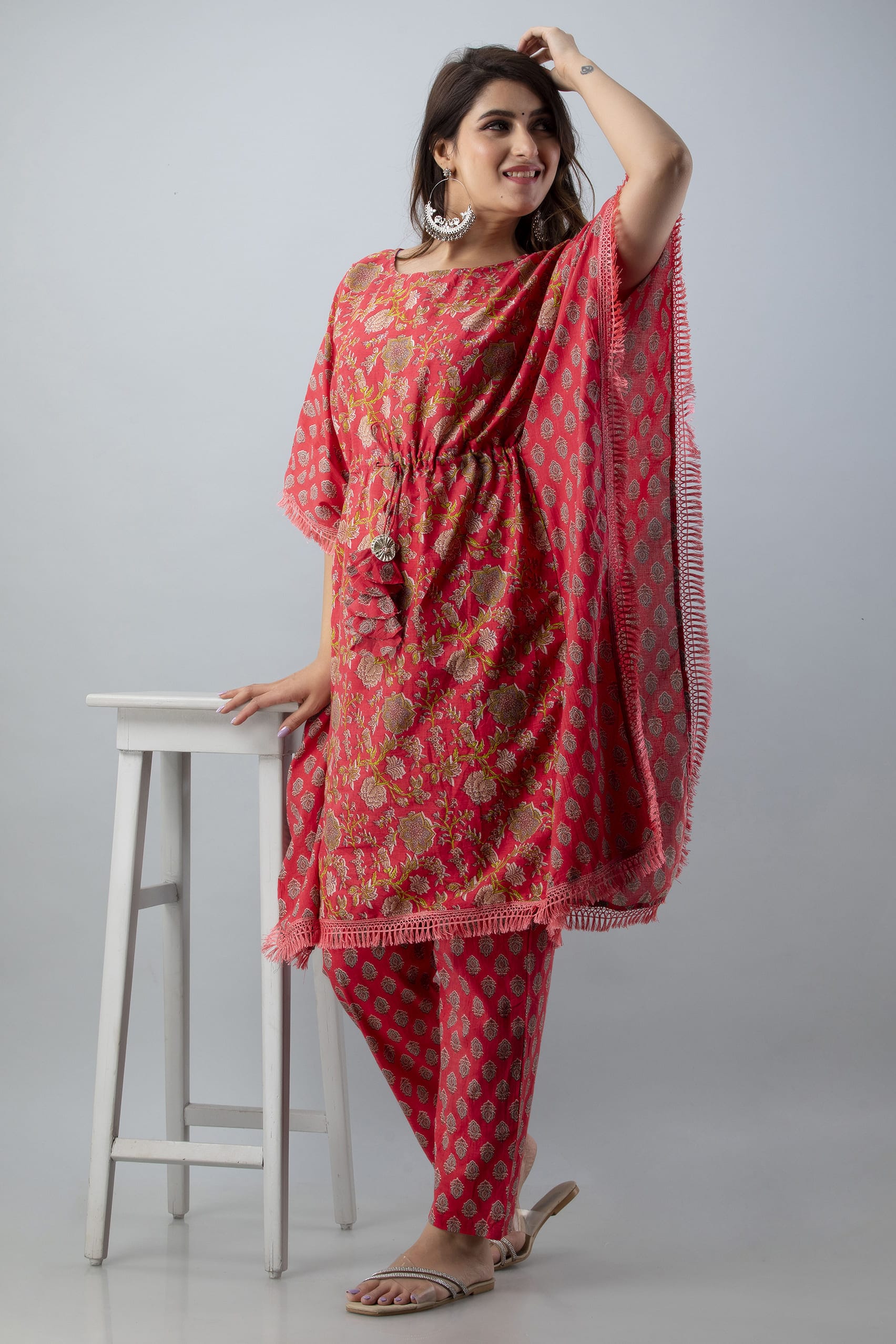 Red Floral Cotton Kaftan Pant Set - View 5