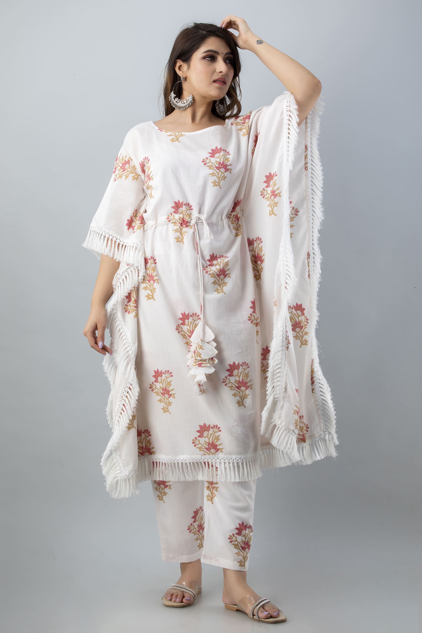 Ivory Floral Rayon Kaftan Pant Set - View 3