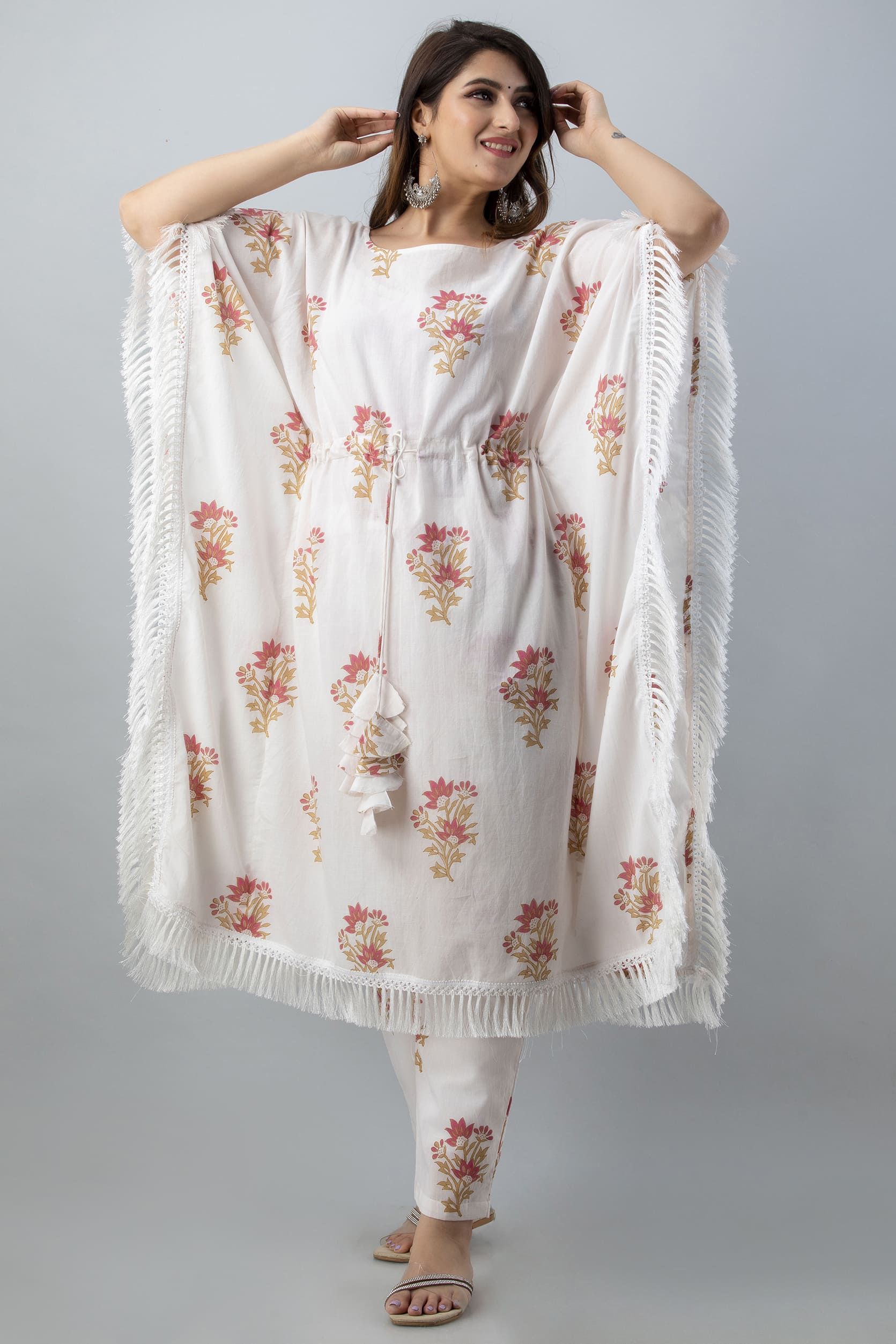 Ivory Floral Rayon Kaftan Pant Set - View 4