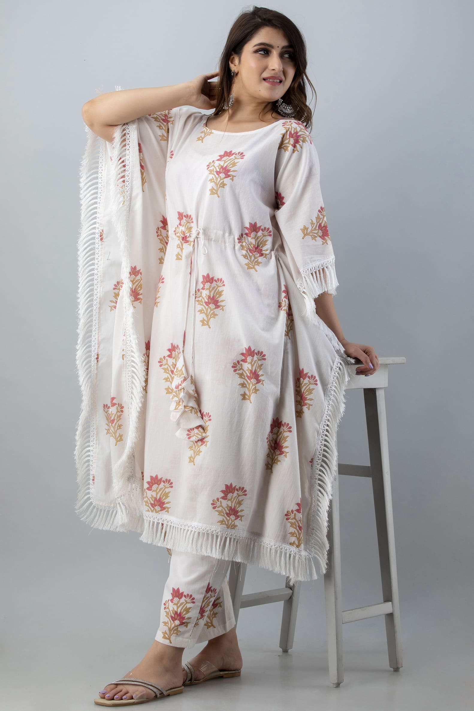 Ivory Floral Rayon Kaftan Pant Set - View 5