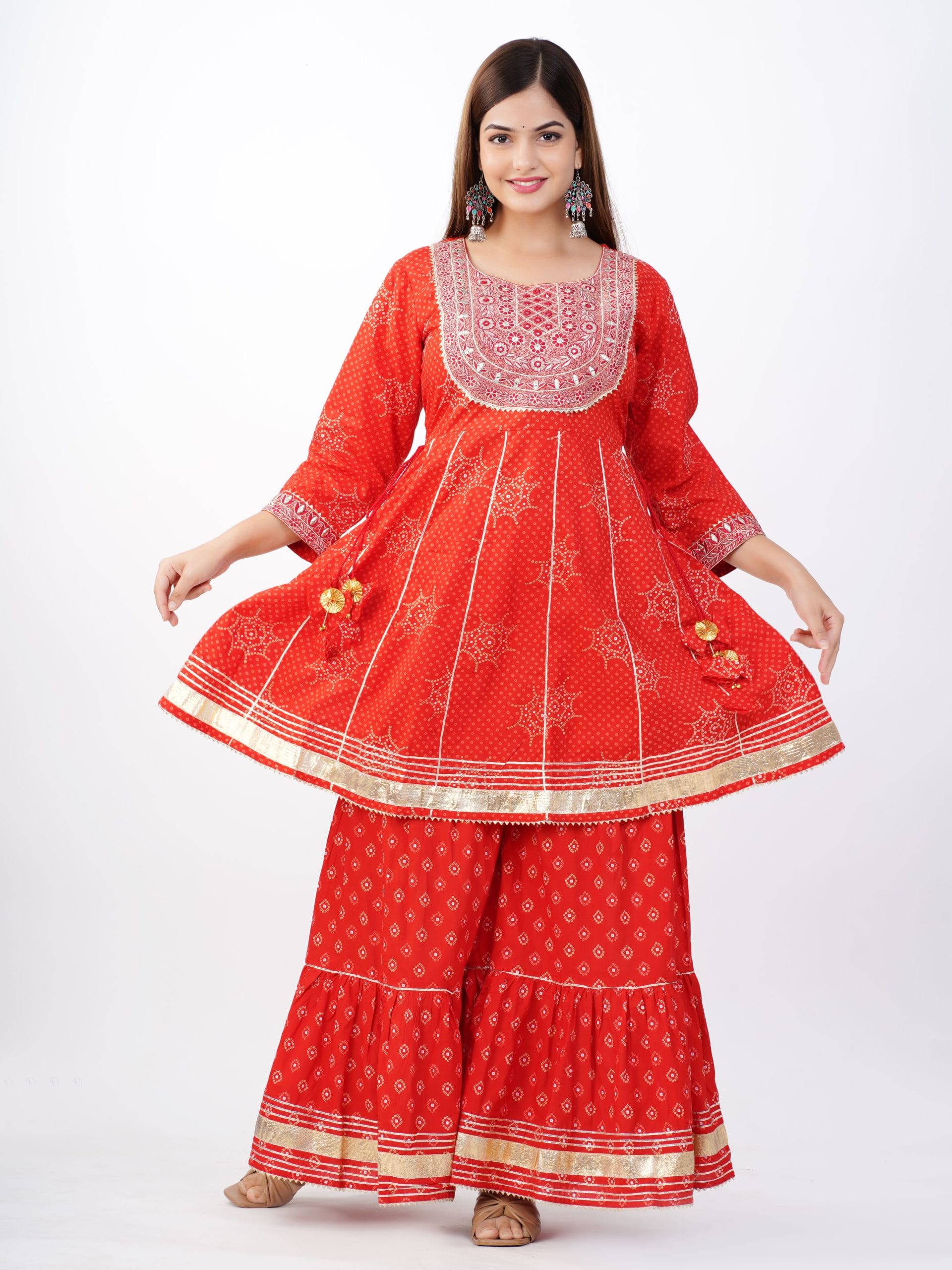 Zehra Red Pure Cotton Flared Kurta Sharara Dupatta Set by Vaaki