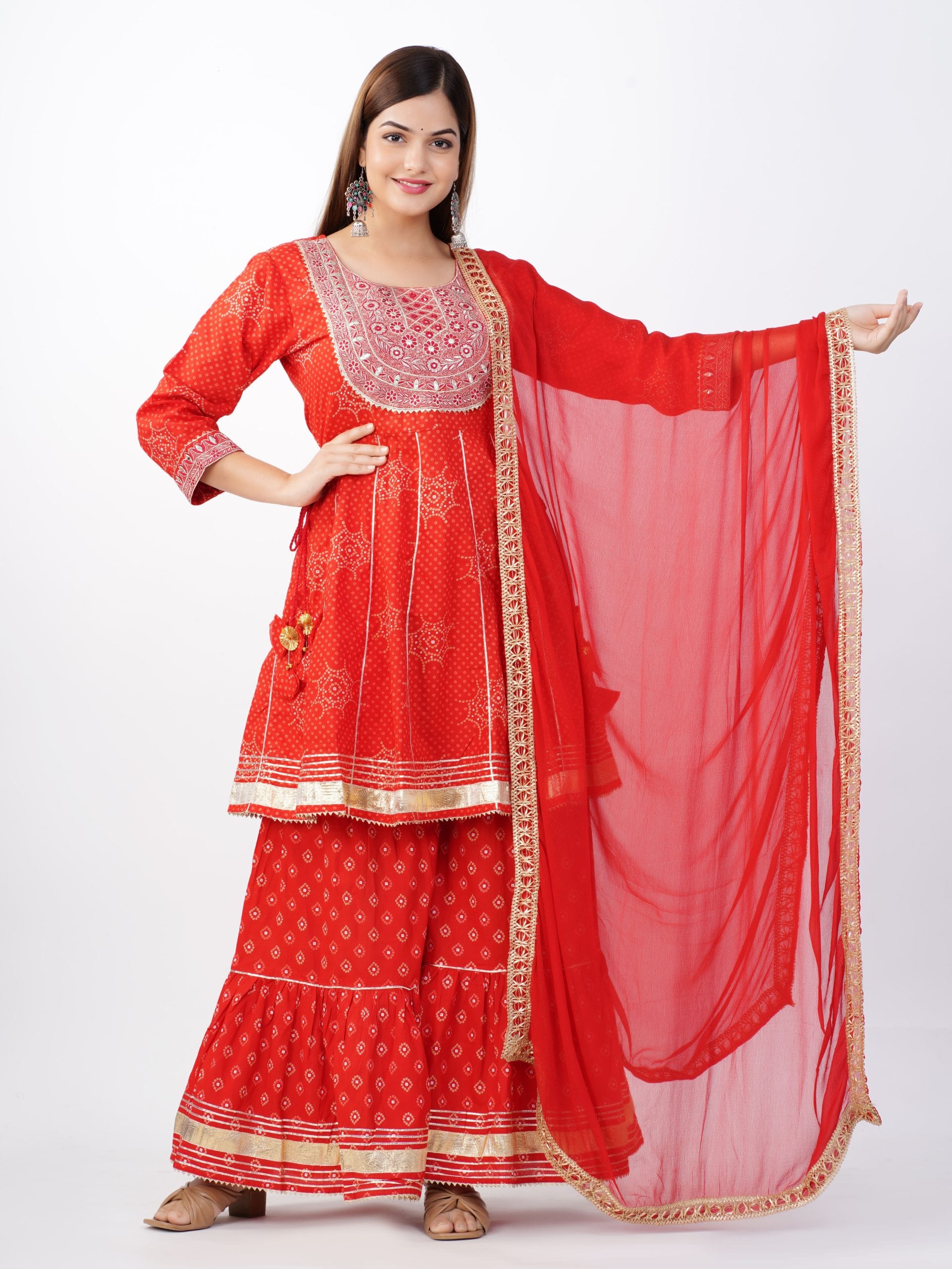 Zehra Red Flared Kurta Sharara Dupatta Set - View 4