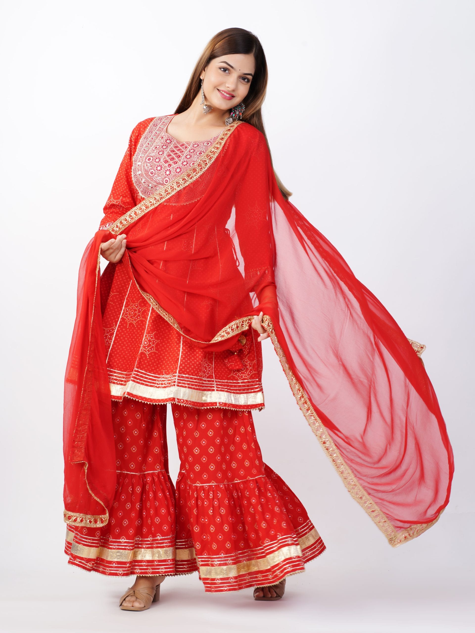Zehra Red Flared Kurta Sharara Dupatta Set - View 5