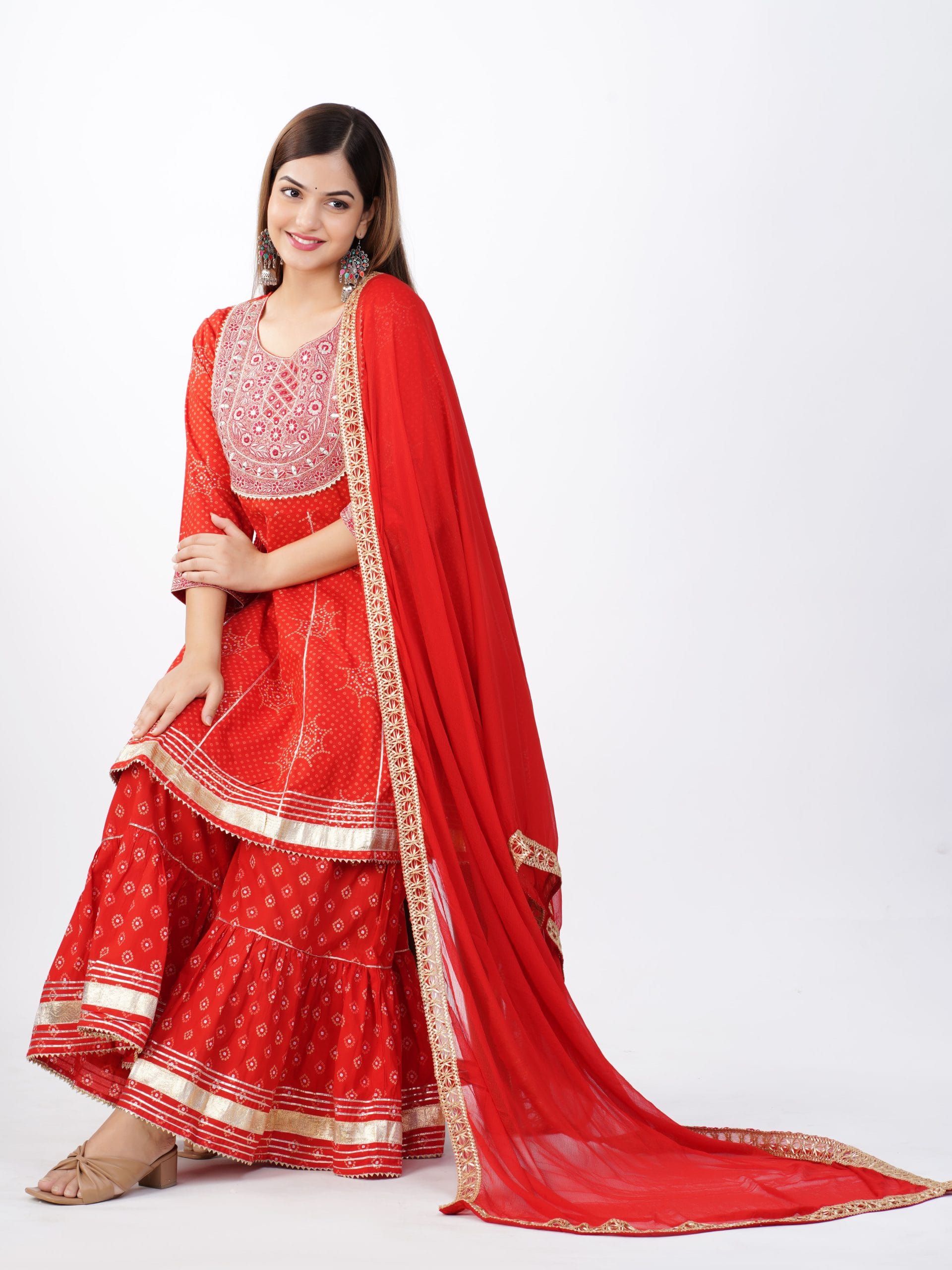 "Zehra Red Flared Kurta Sharara Dupatta Set"