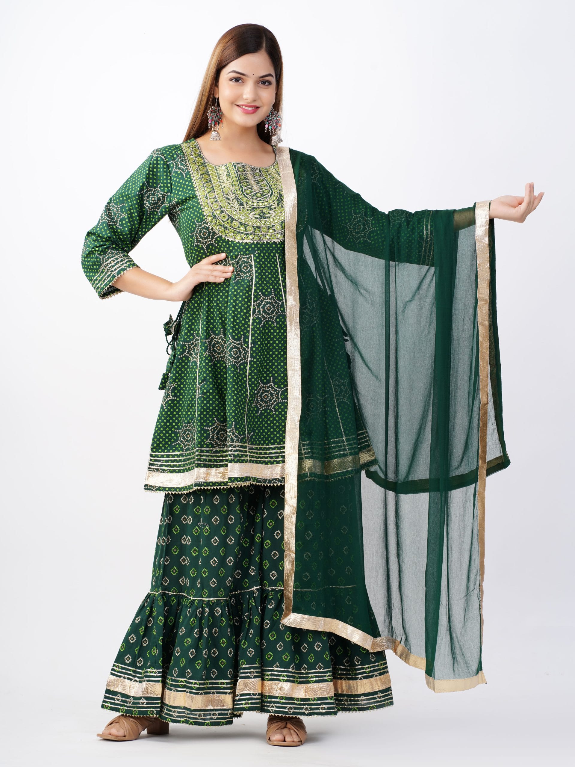 Zehra Green Pure Cotton Flared Kurta Sharara Dupatta Set by Vaaki