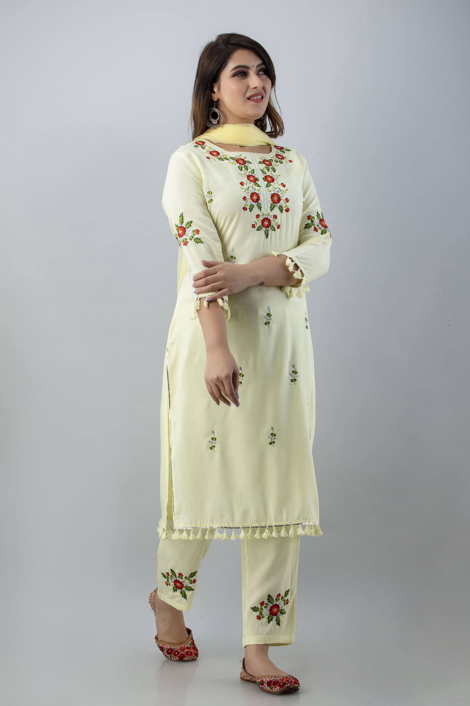 Beige Embroidered Kurta Pant Dupatta Set - View 3