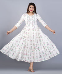 Ivaya White Printed Cotton Anarkali Kurti
