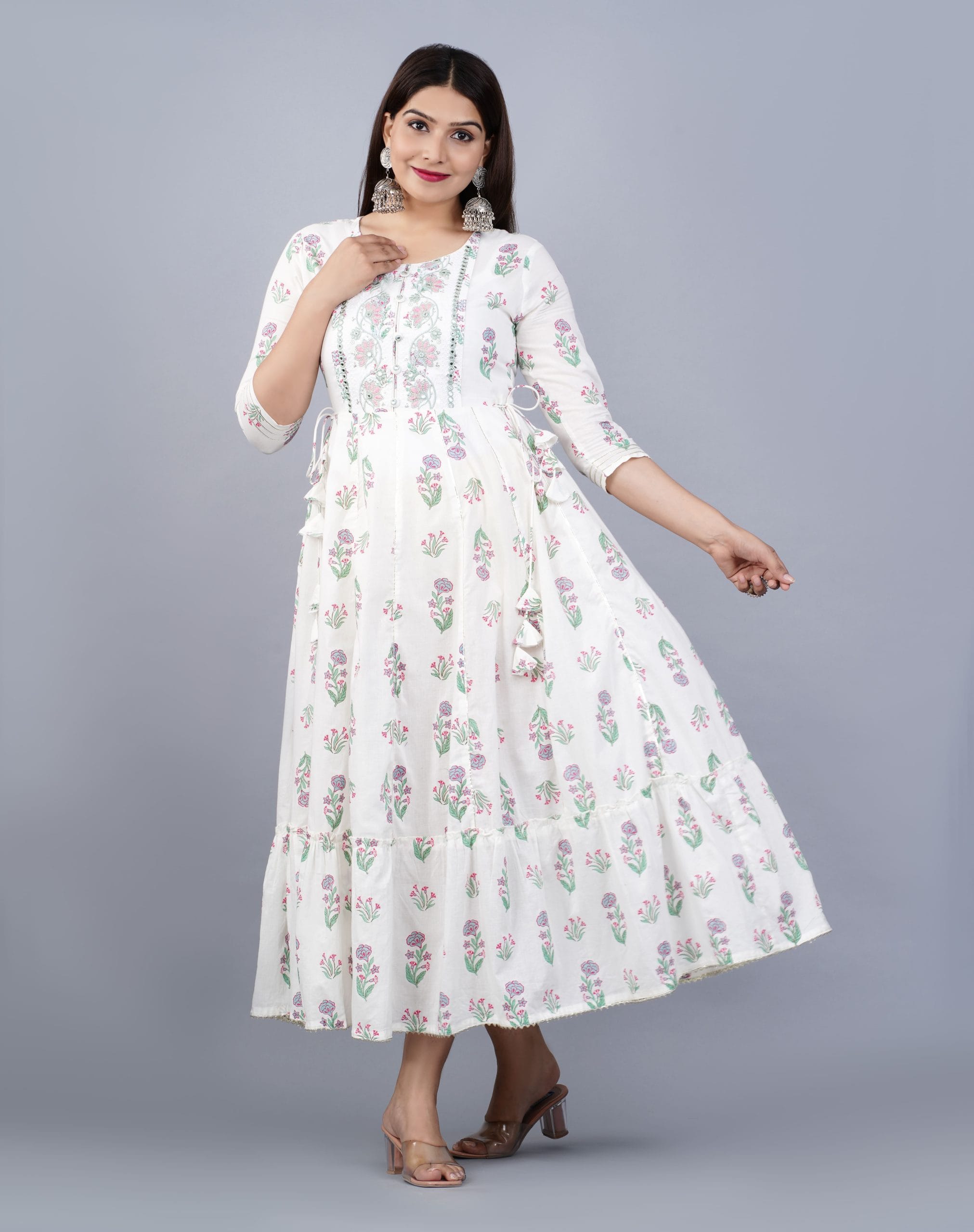 Ivaya White Printed Cotton Anarkali Kurti - View 4