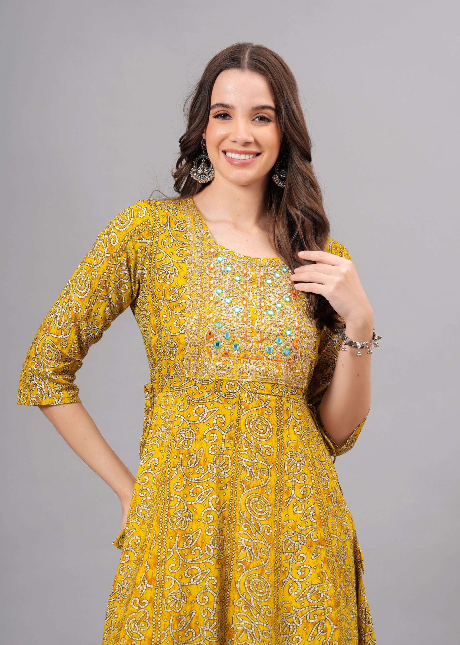 Yellow Printed Anarkali Flared Kurta - View 5