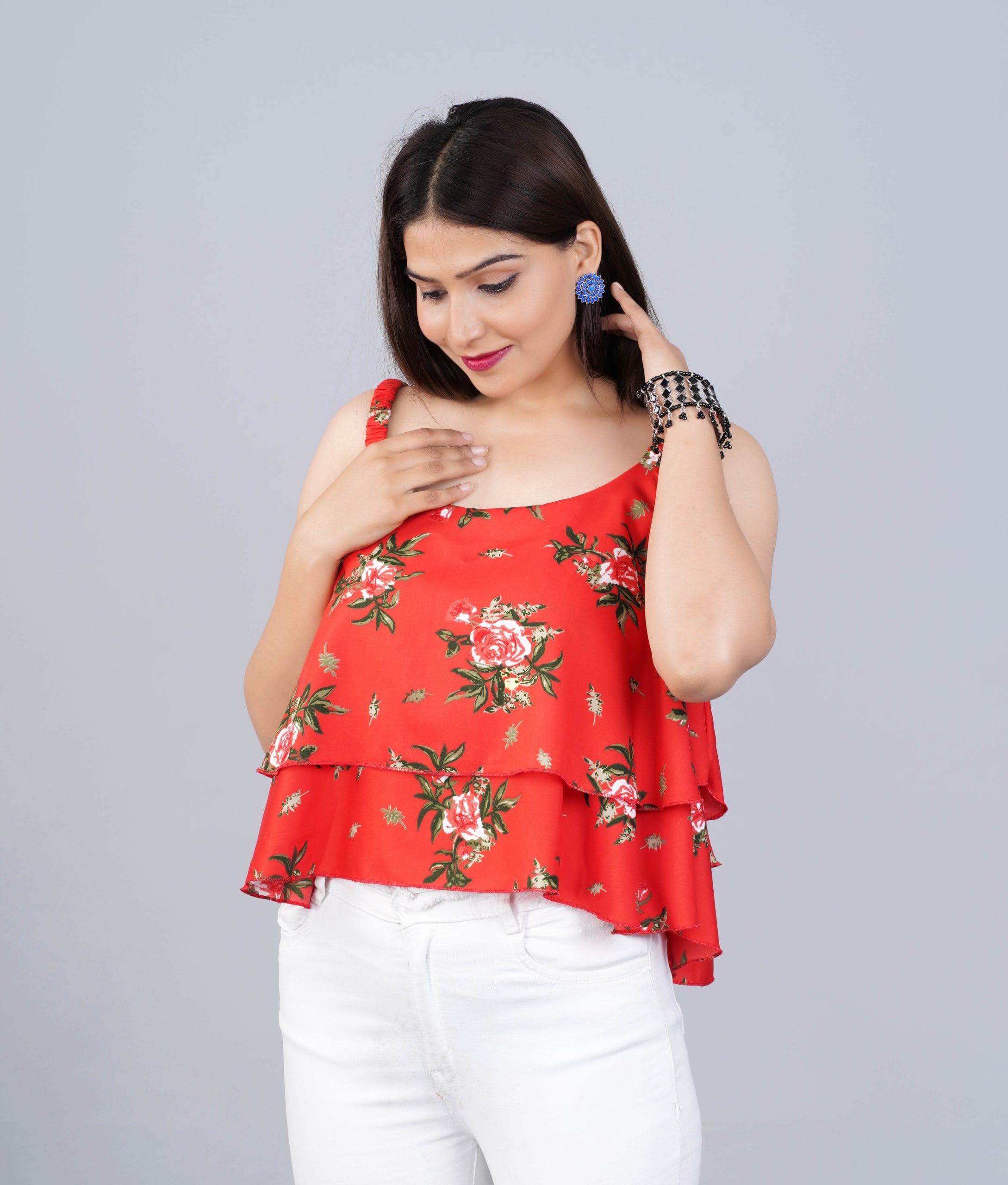 Red Floral Layered Top - View 4