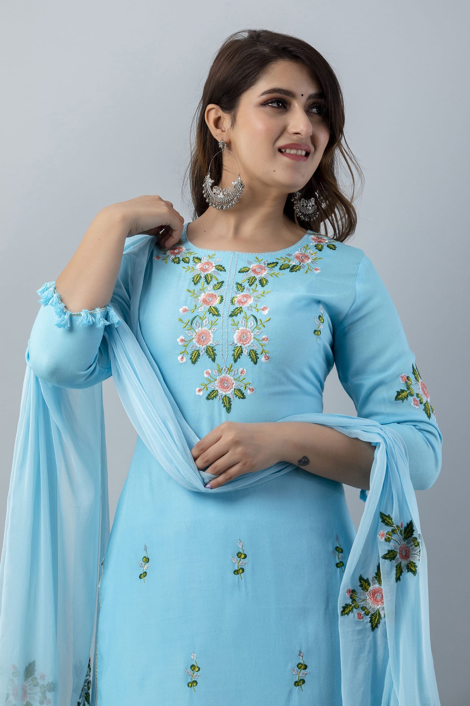 SkyBlue Embroidered Rayon Straight Kurta Set - View 4